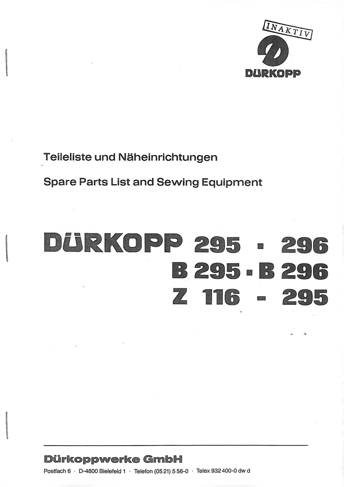 Durkopp Adler 295, 296, B295, B296 Parts Book