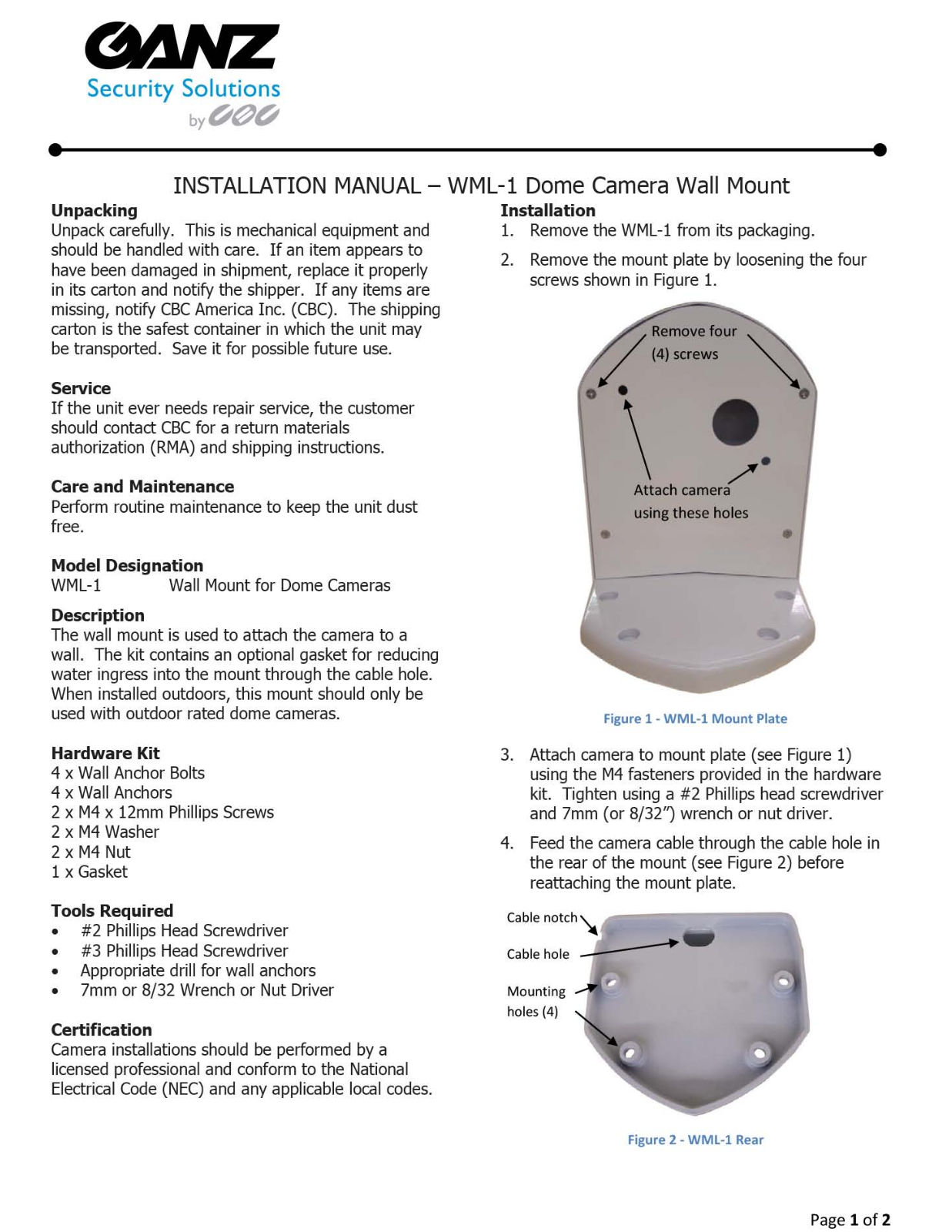 Ganz WML-1 User Manual