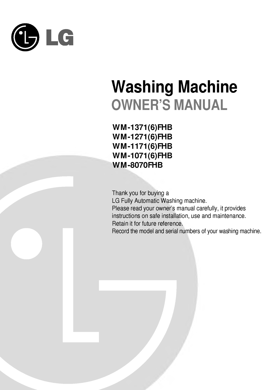 LG WM-1171FHB, WM-1376FHB, WM-1371FHB, WM-1176FHB User Manual