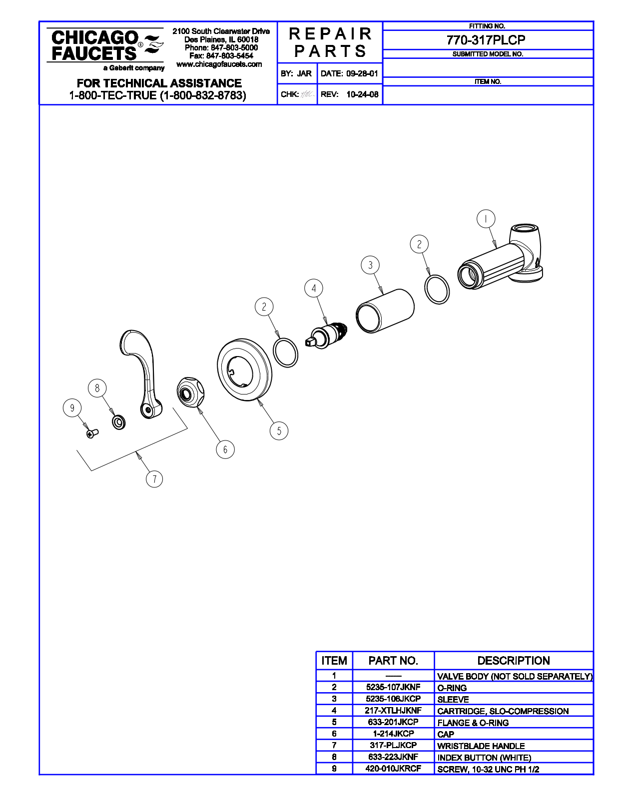 Chicago Faucet 770-317PLCP Parts List