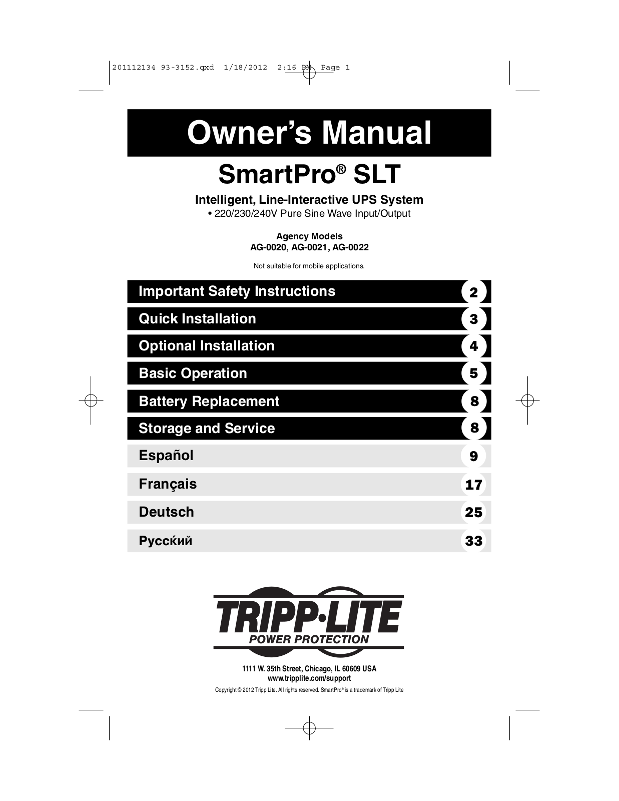 Tripp Lite AG-0020 User Manual