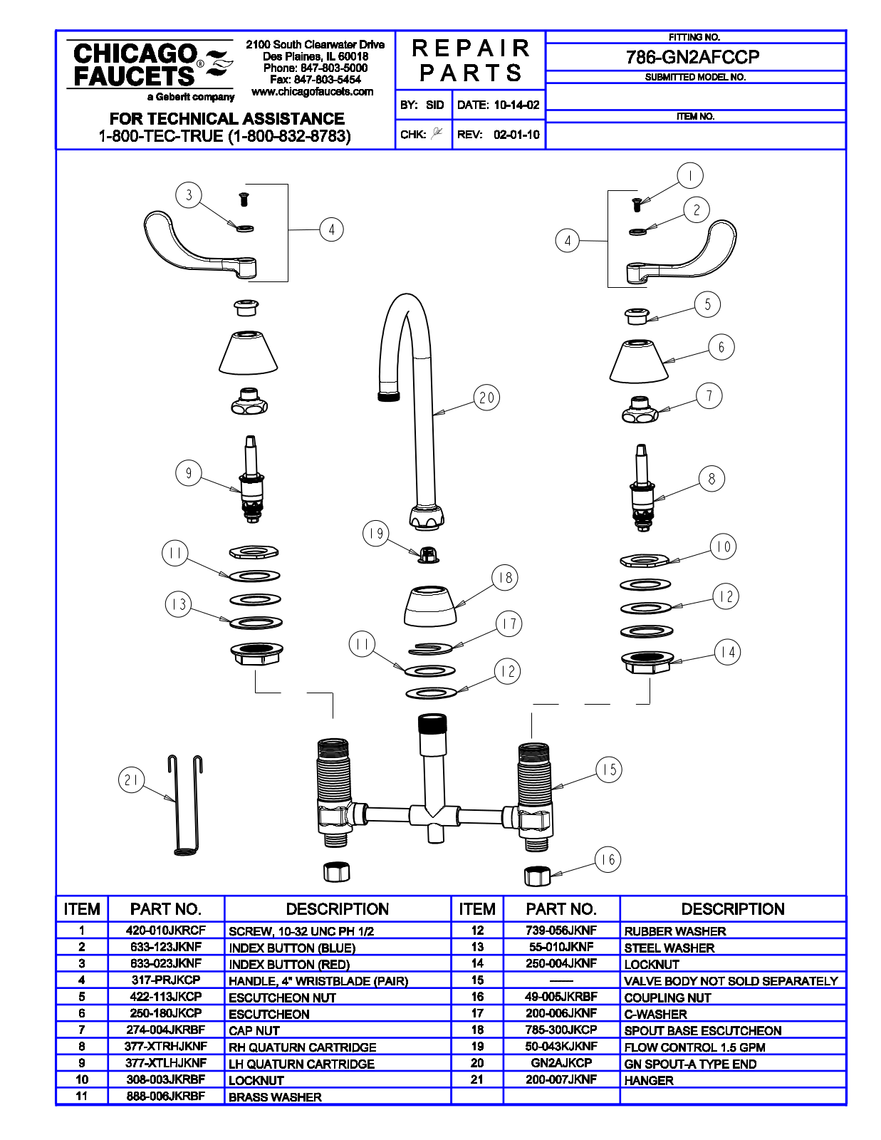 Chicago Faucet 786-GN2AFCCP Parts List