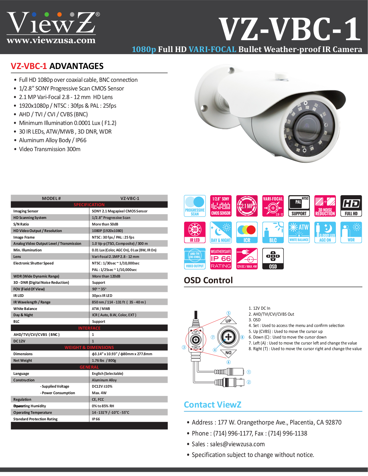 ViewZ VZ-VBC-1 Specsheet