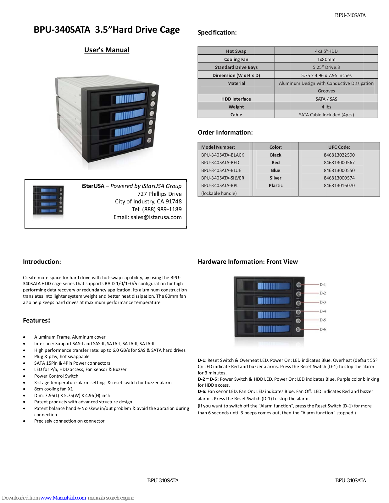 iStarUSA BPU-340SATA, BPU-340HD-BLACK, BPU-340HD-BLUE, BPU-340HD-RED, BPU-340HD-SILVER User Manual