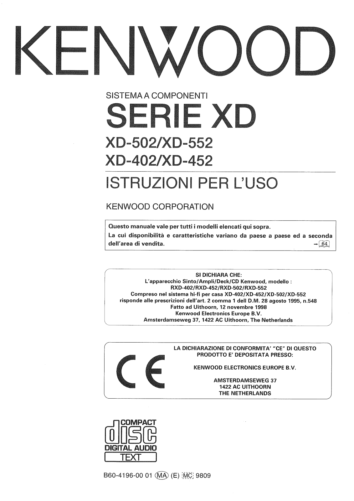 Kenwood XD-502, XD-452, XD-552, XD-402 User Manual