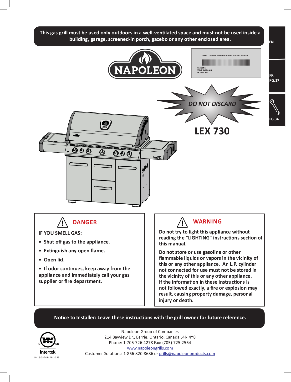 Napoleon Lex730rsbi Owner's Manual