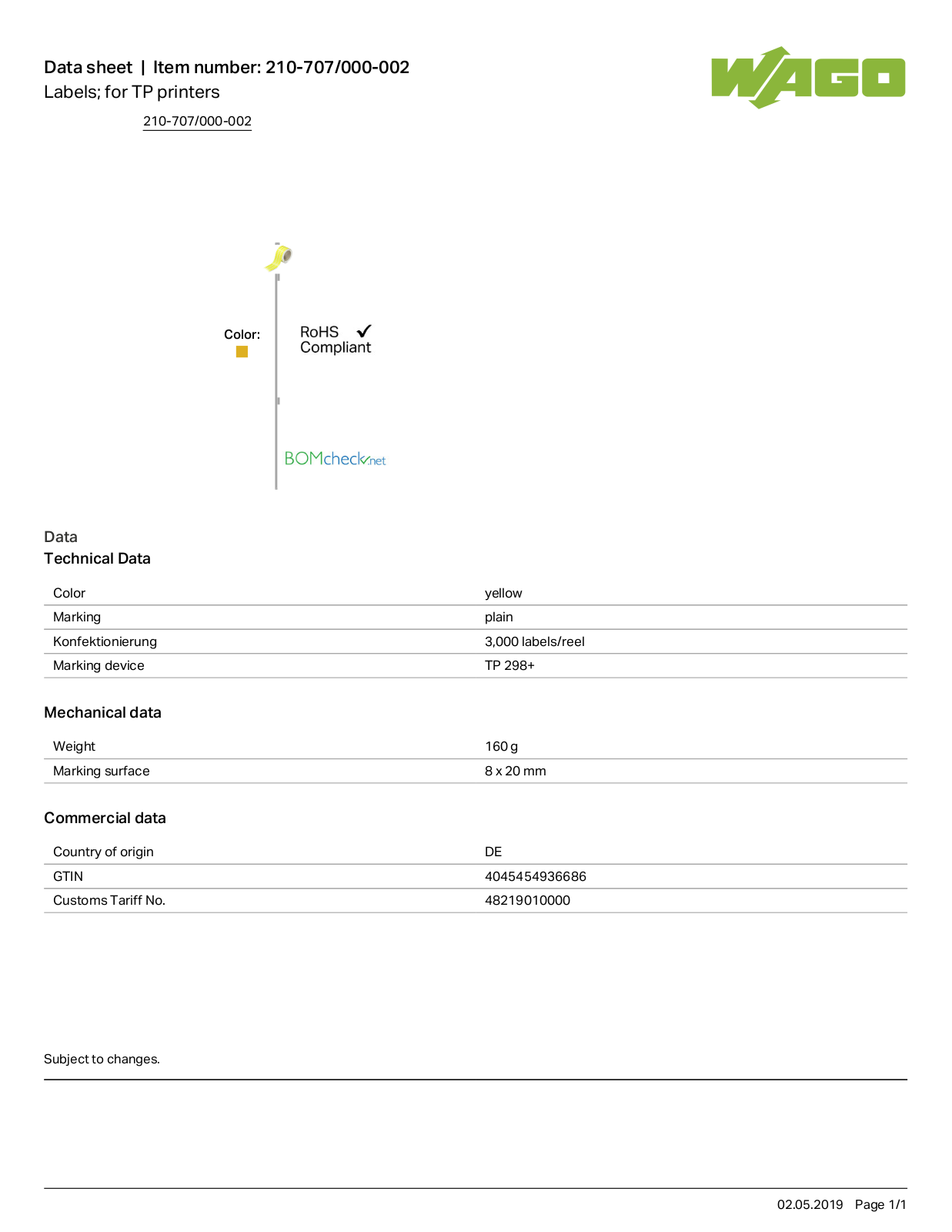 Wago 210-707/000-002 Data Sheet