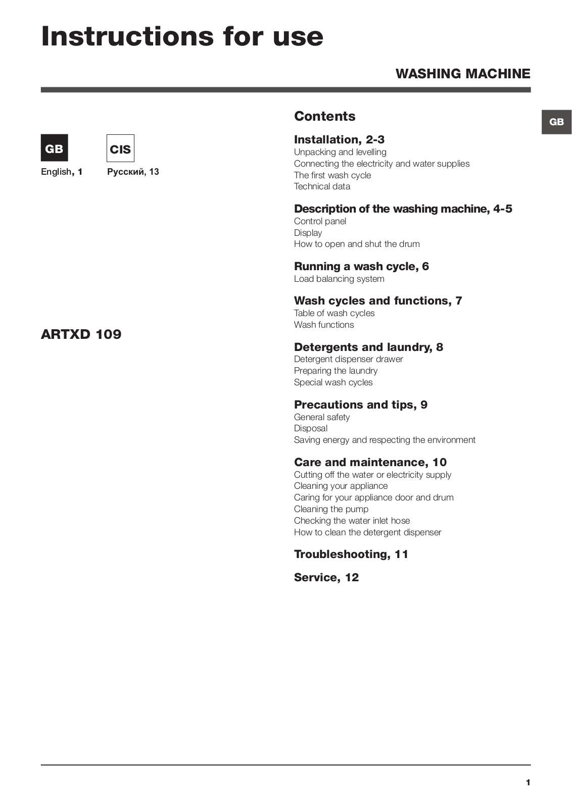 HOTPOINT/ARISTON ARTXD 109 (EU) User Manual