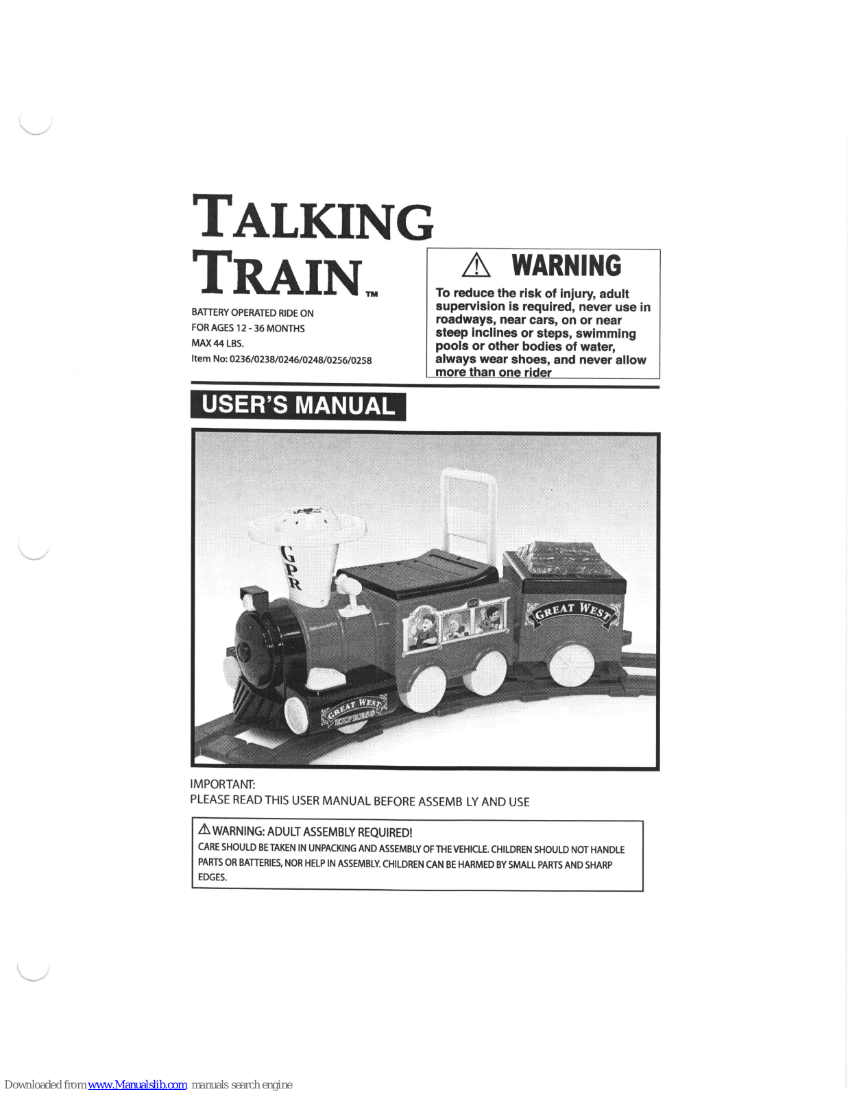 Great west Talking train, Talking train 0236, Talking train 0238, Talking train 0246, Talking train 0248 User Manual