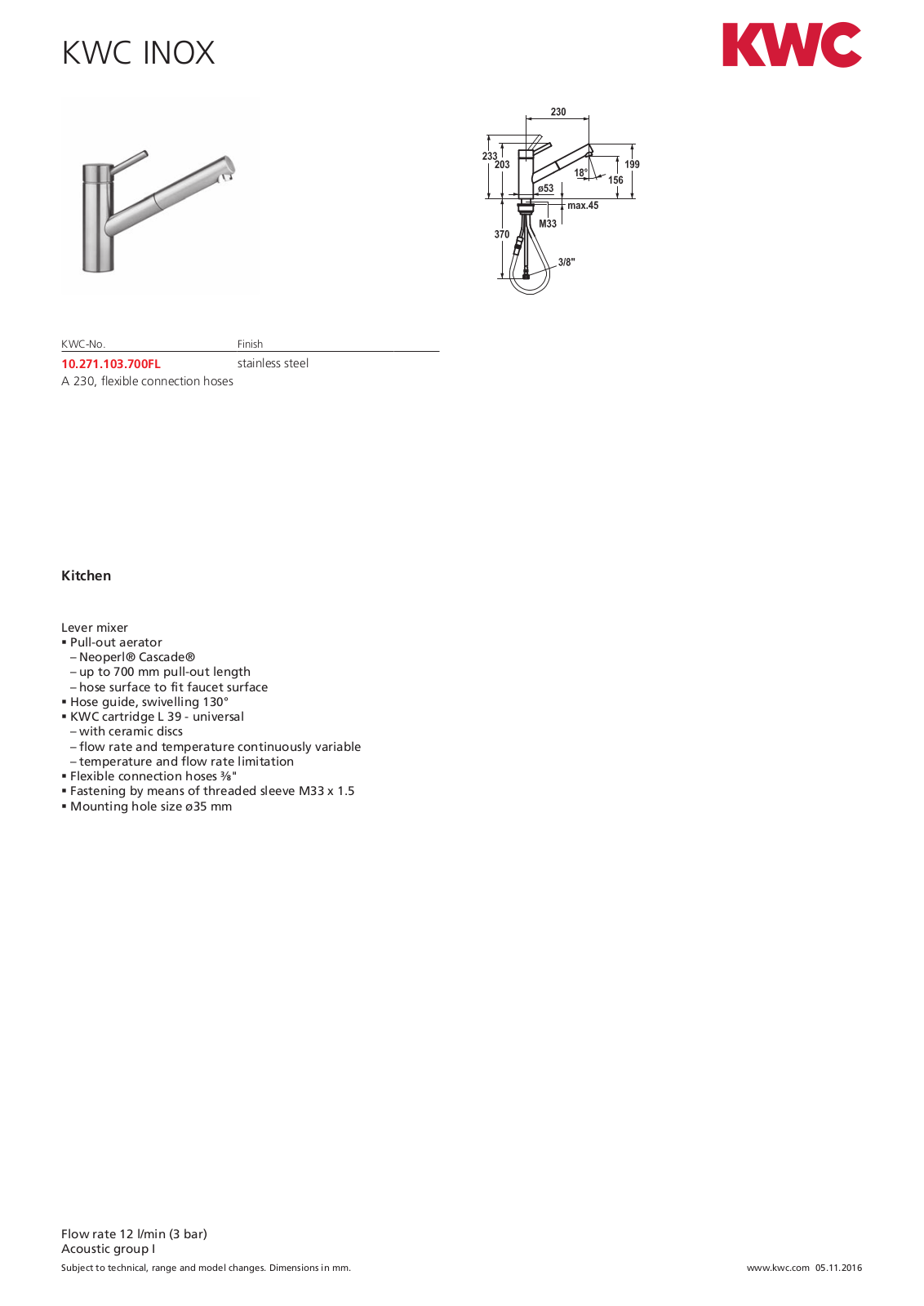 KWC 10271103700 Specifications Sheet