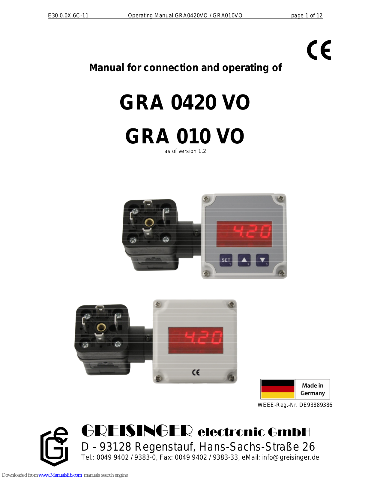 GREISINGER GRA 0420 VO, GRA 010 VO Operating Manual - ManualMachine.com