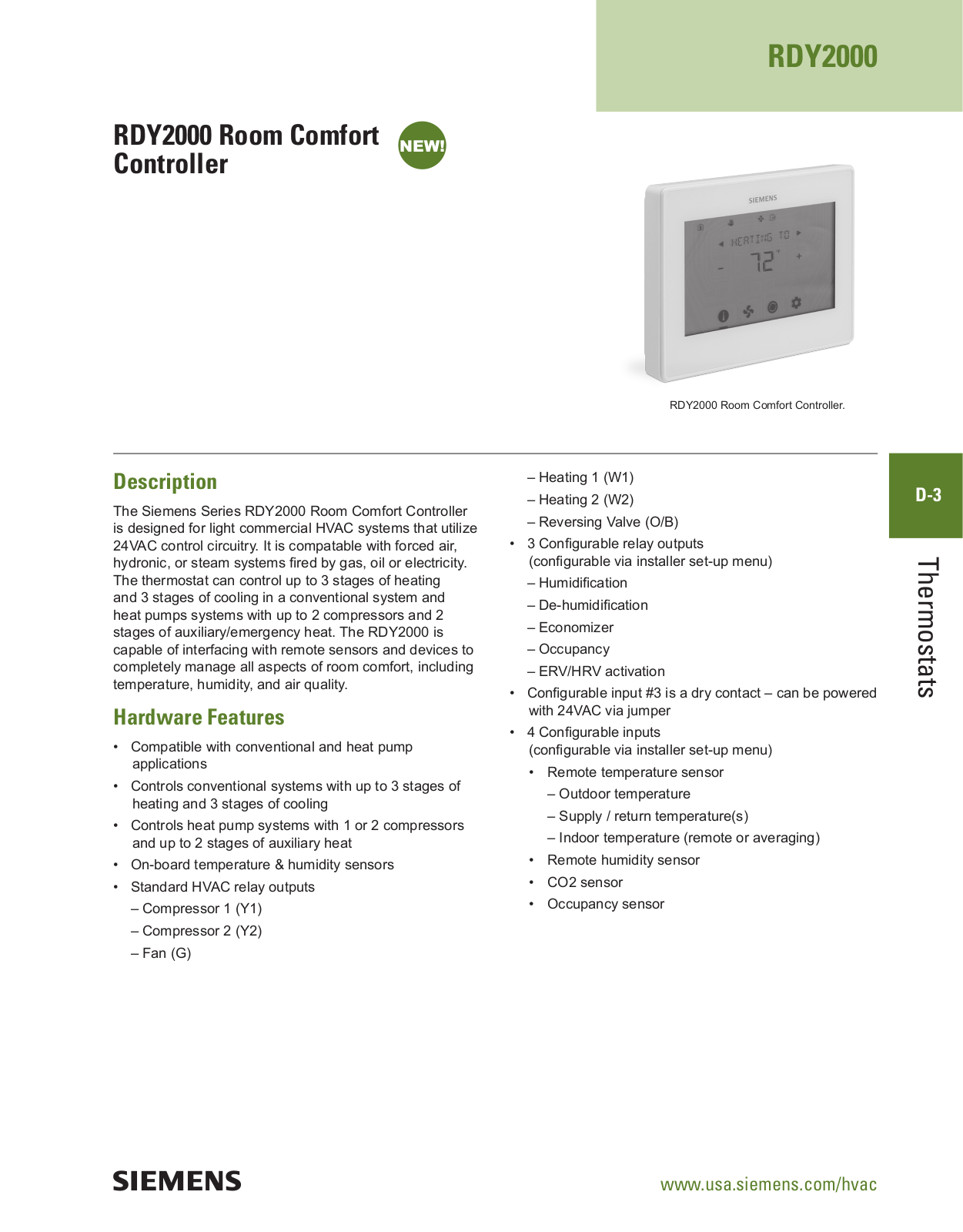 Siemens Building Technologies RDY2000 Data Sheet