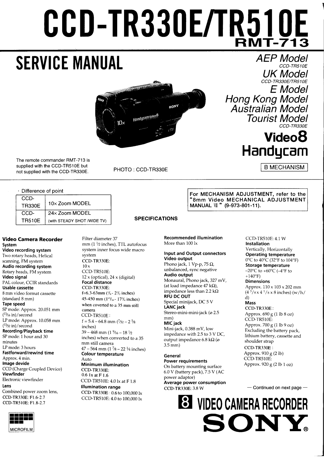 Sony CCD-TR330E, CCD-TR510E Service Manual