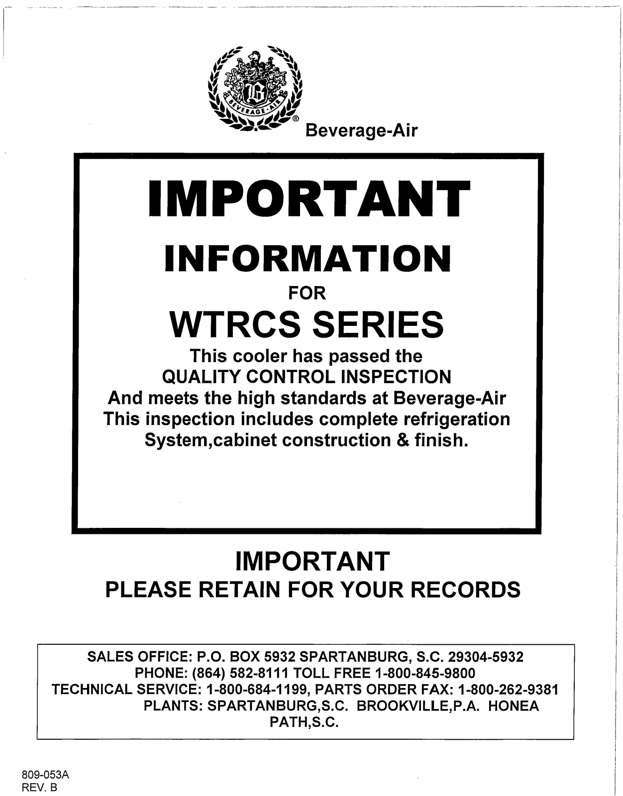 Beverage Air WTRC60HC, WTRCS72HC User Manual