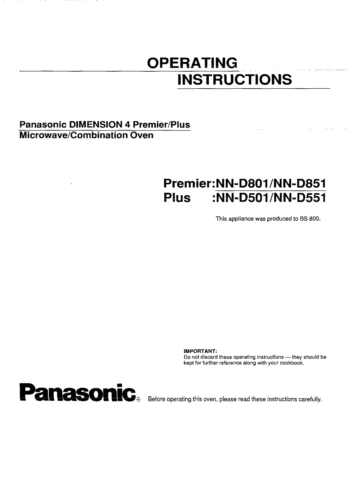 Panasonic NN-D801, NN-D551, NN-D501, NN-D851 User Manual