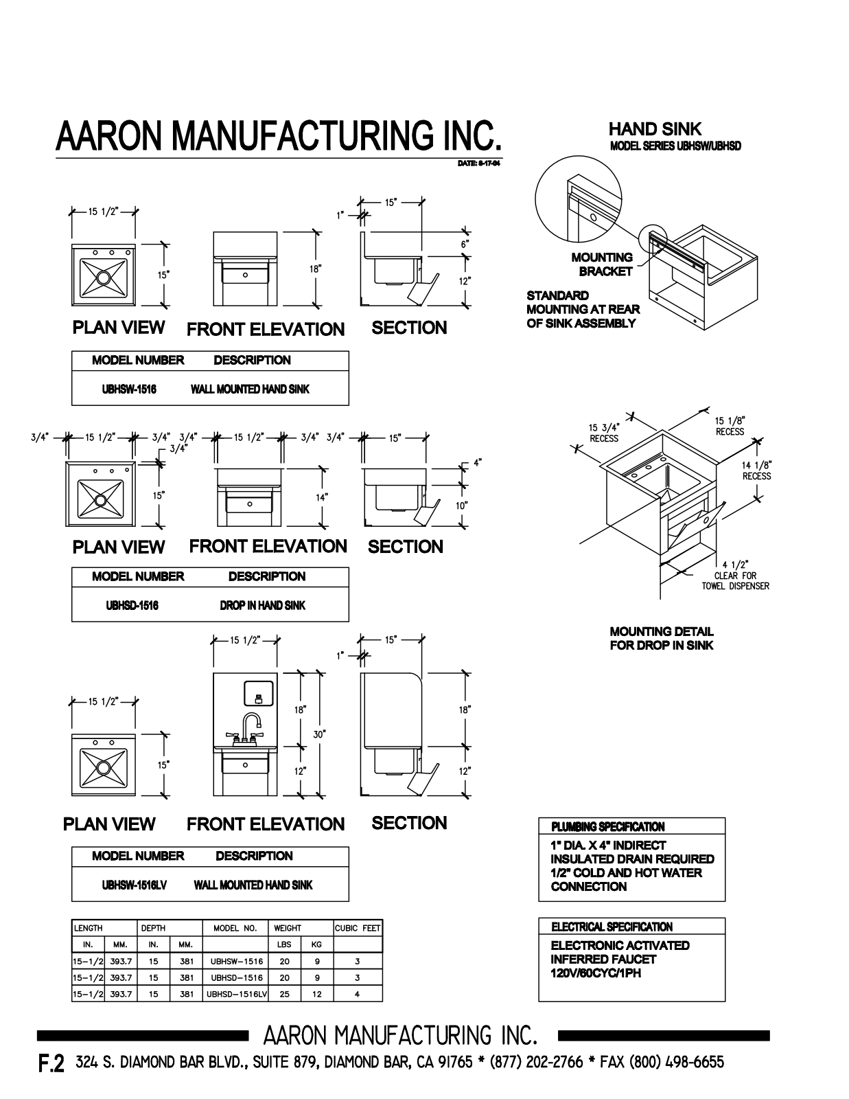 Aaron Manufacturing UBHSD-1516 User Manual