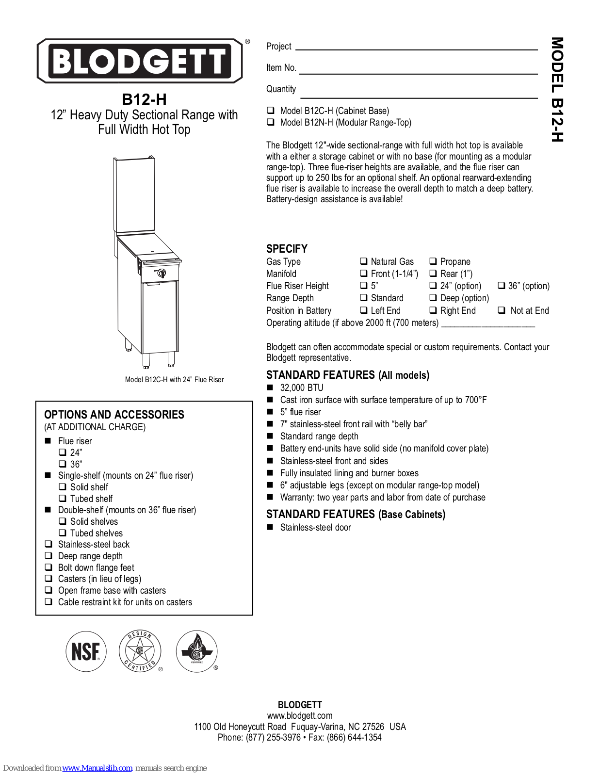 Blodgett B12N-H, B12-H Specifications