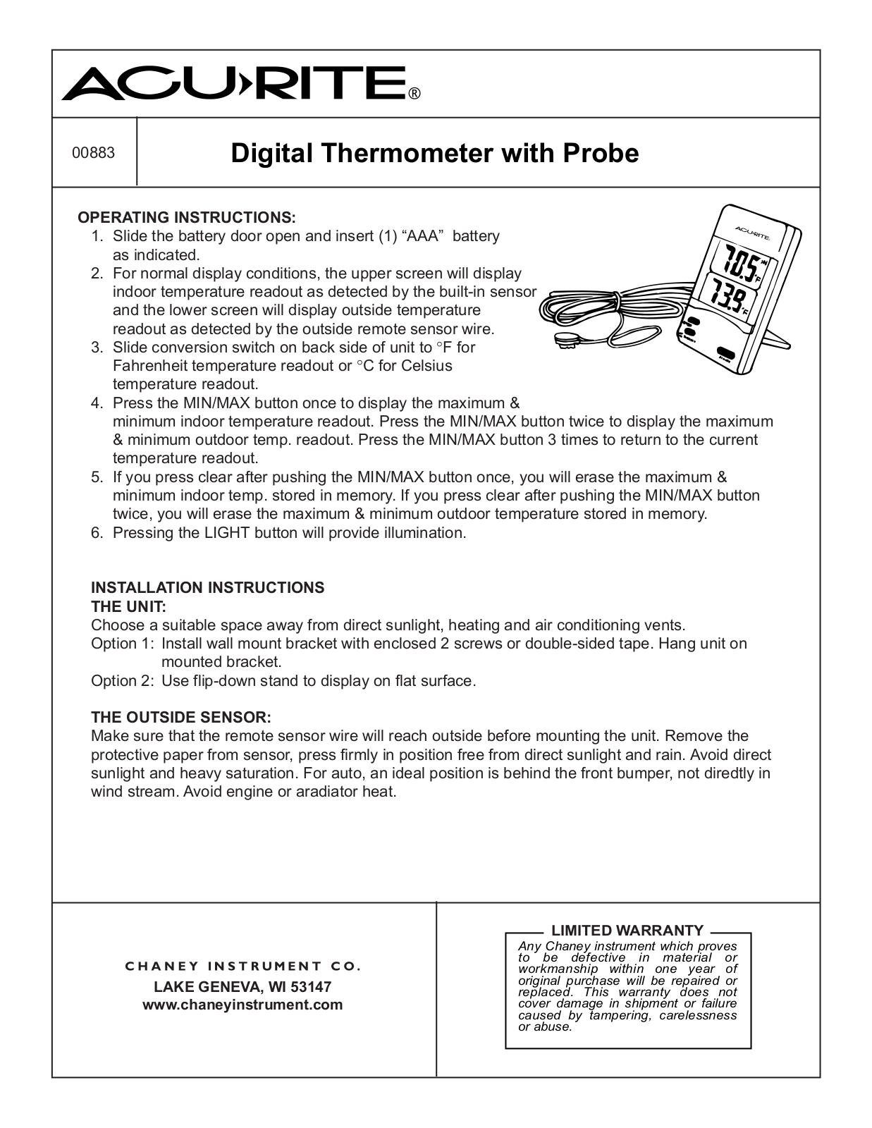 Chaney Instrument 00883 User Manual