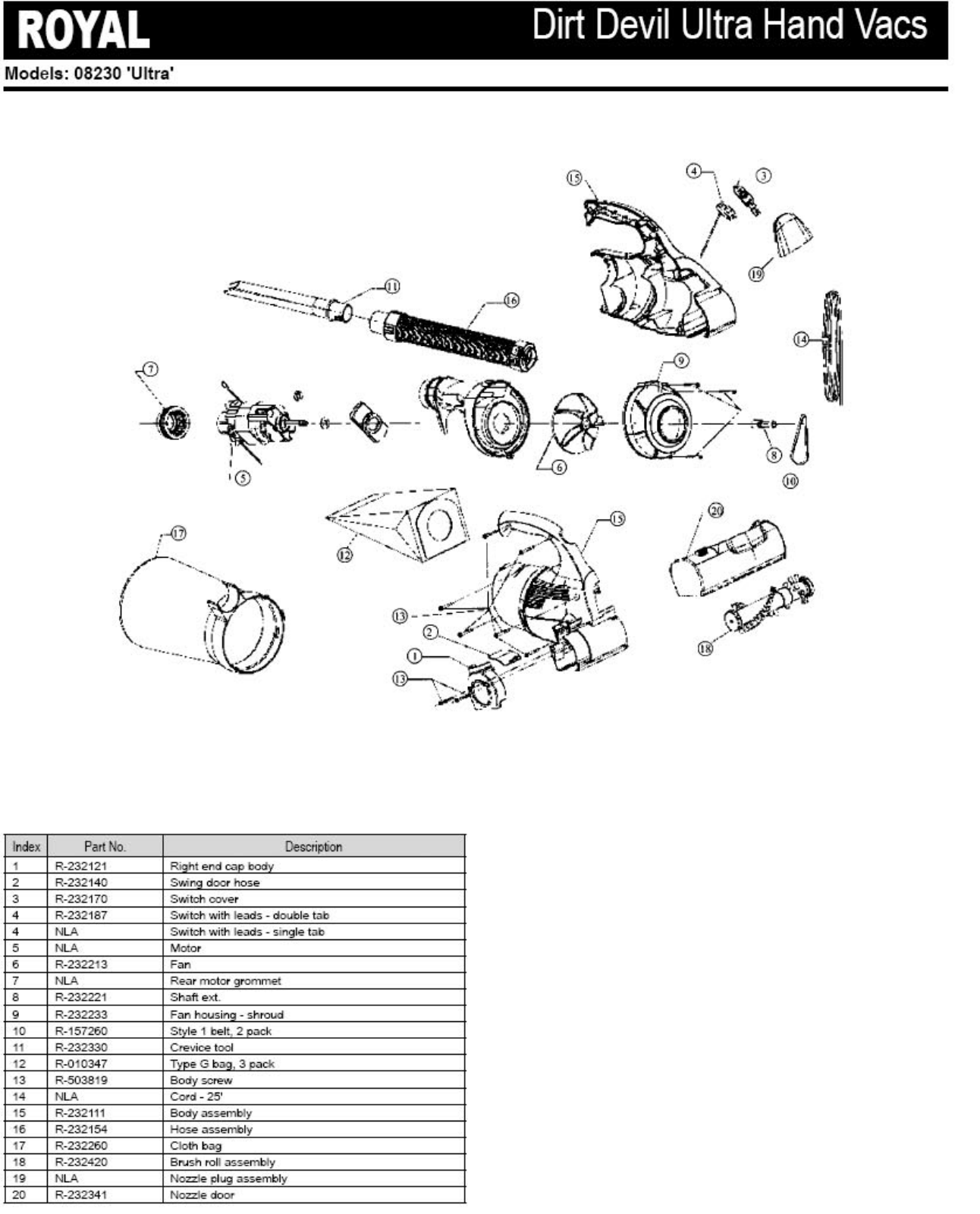 Royal 08230 Ultra Parts List