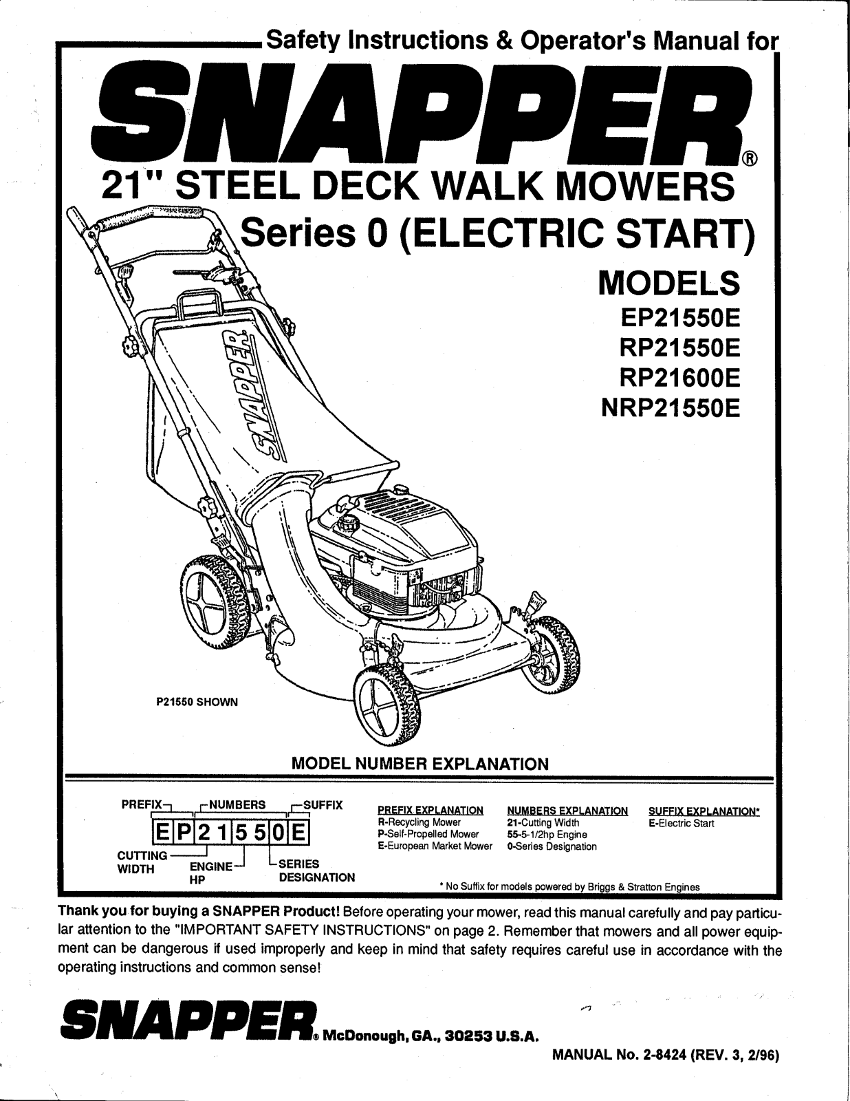 Snapper NRP21550E, RP21600E, RP21550E User Manual