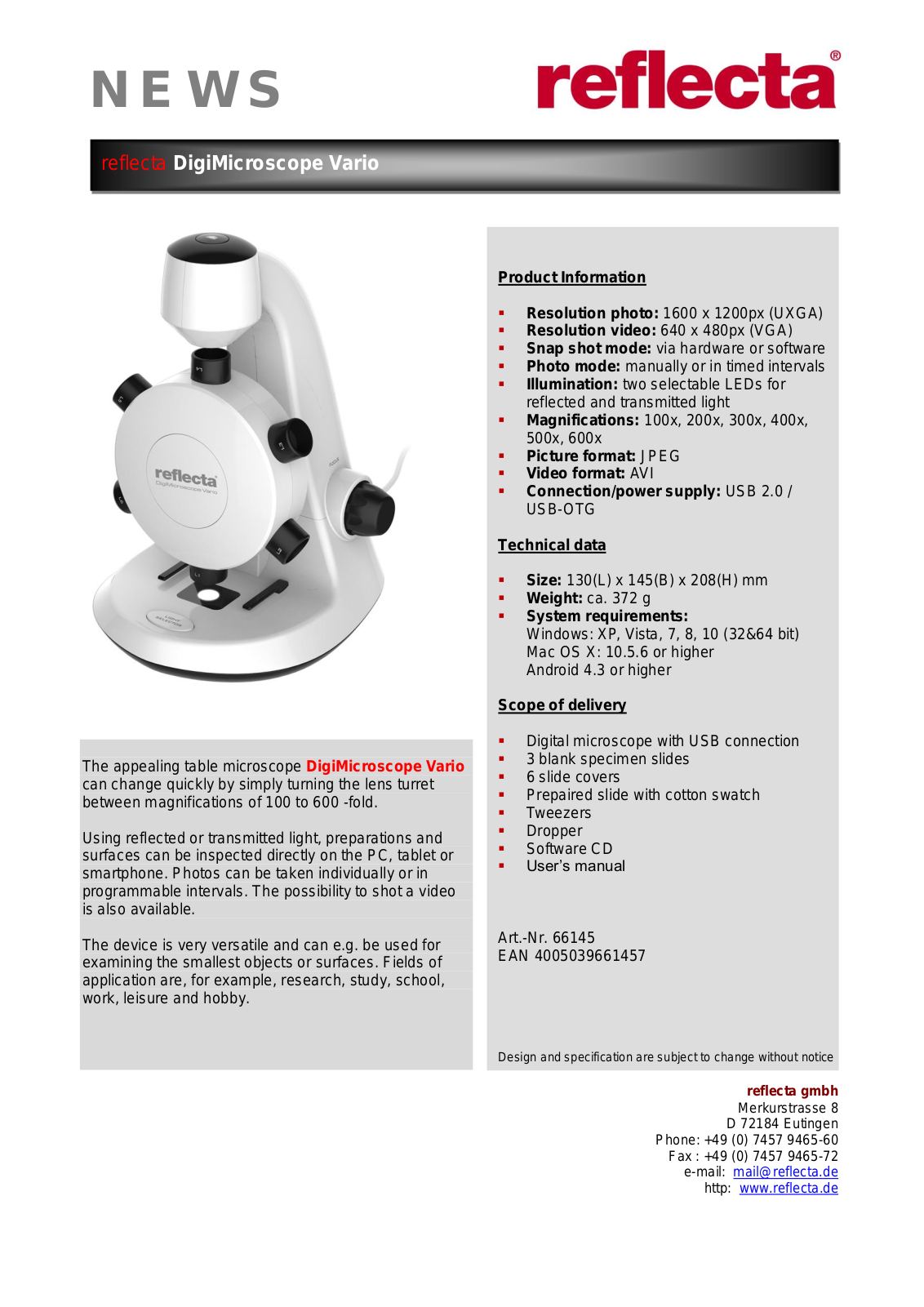 Reflecta DigiMicroscope vario User Manual