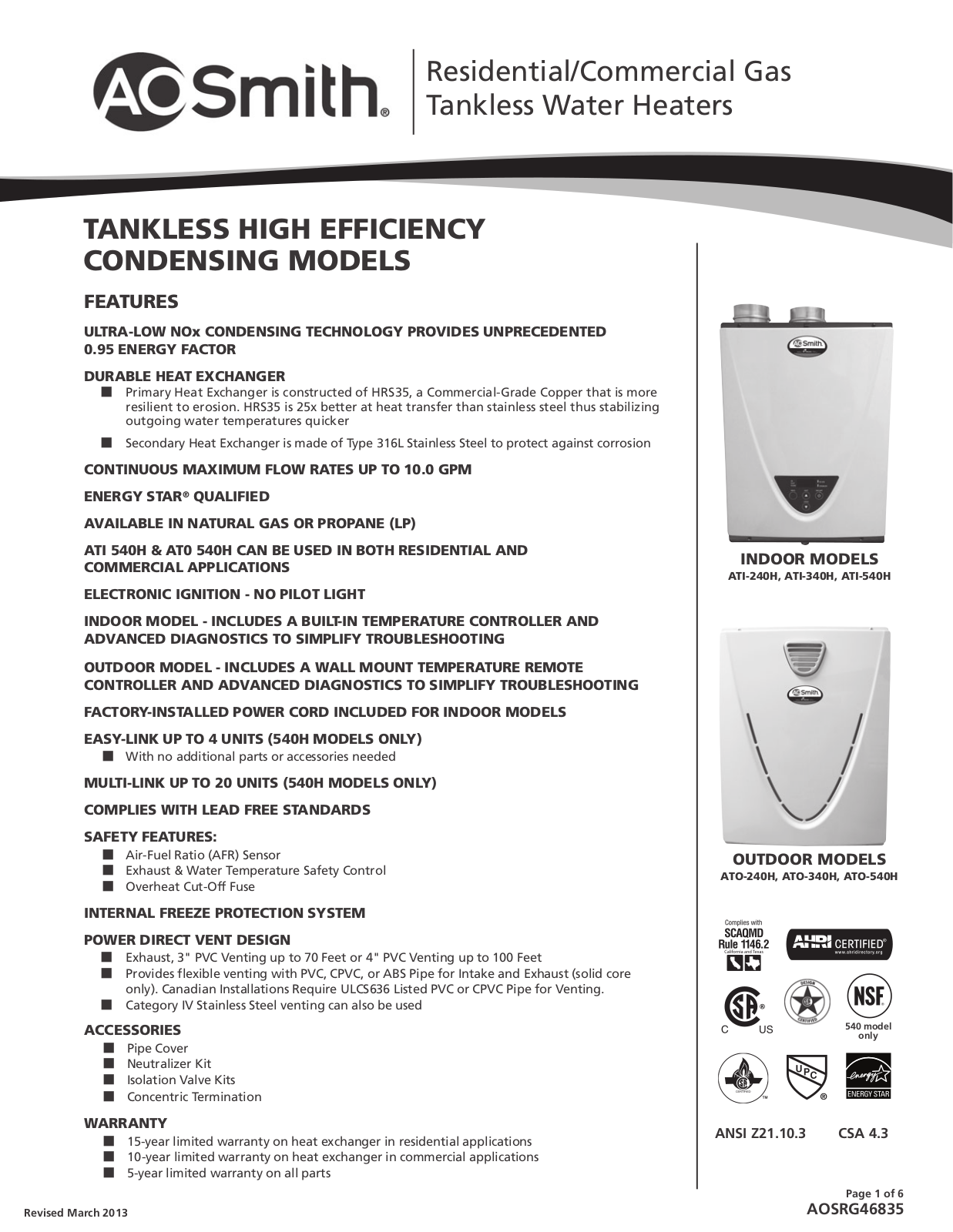 A.O. Smith ATI-340H-N, ATI-340H-P, ATI-540H-P, ATI-540H-N, ATO-340H-P Technical Documents