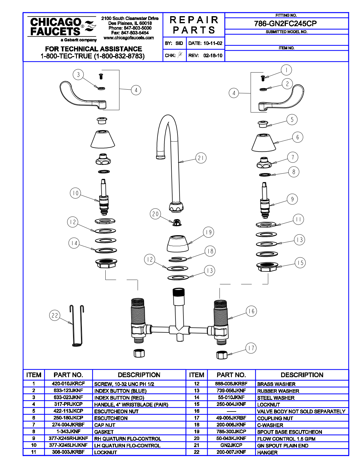 Chicago Faucet 786-GN2FC245CP Parts List