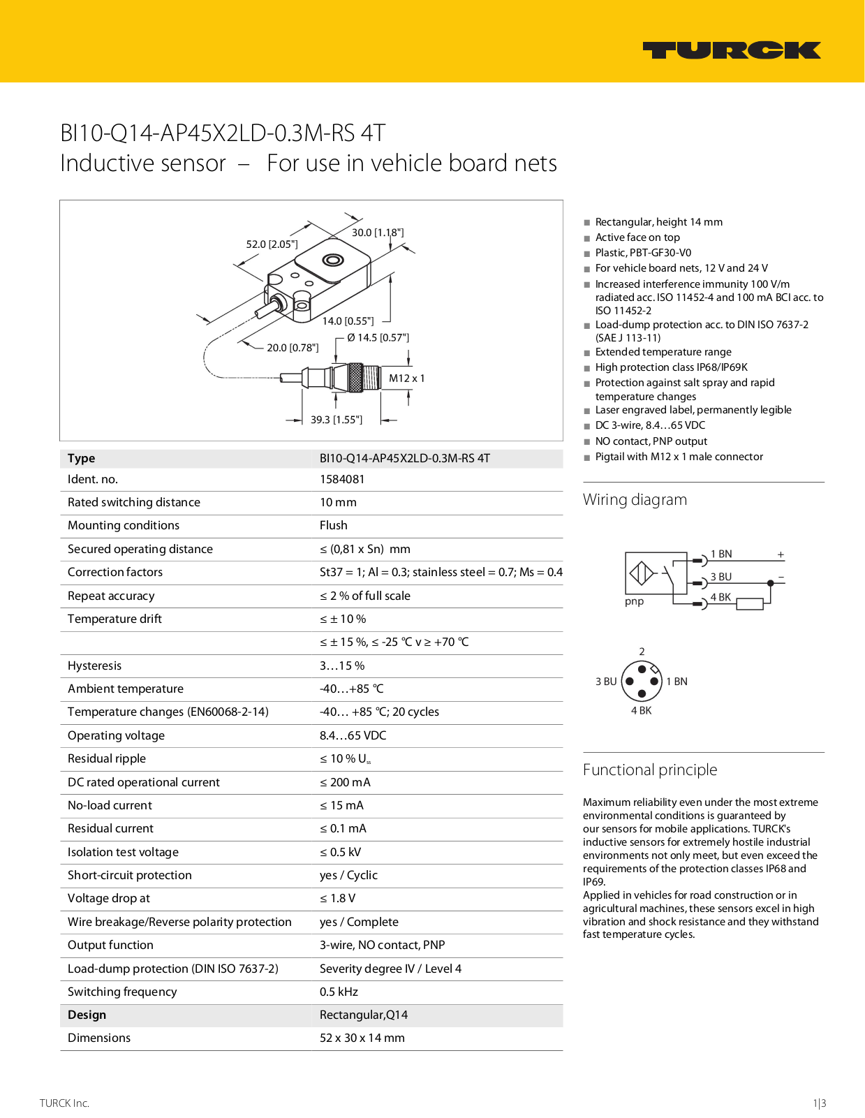 Turck BI10-Q14-AP45X2LD-0.3RS4T Data Sheet