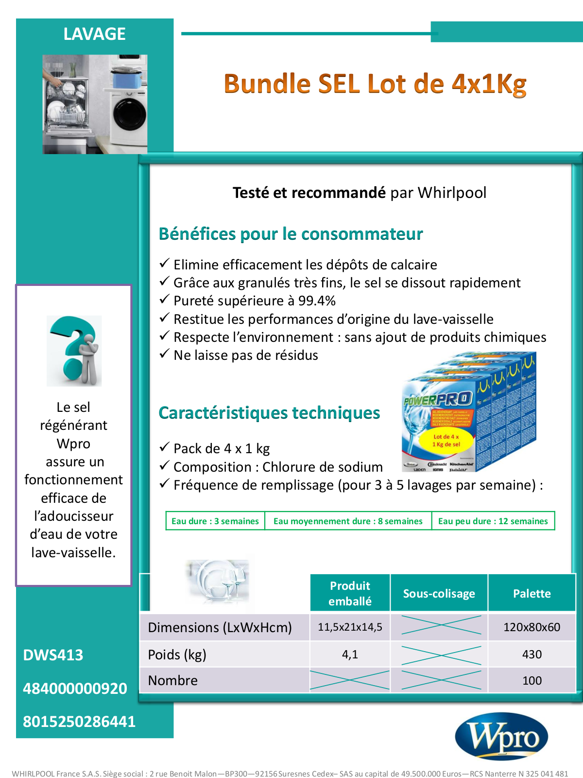 Wpro DWS413 product sheet