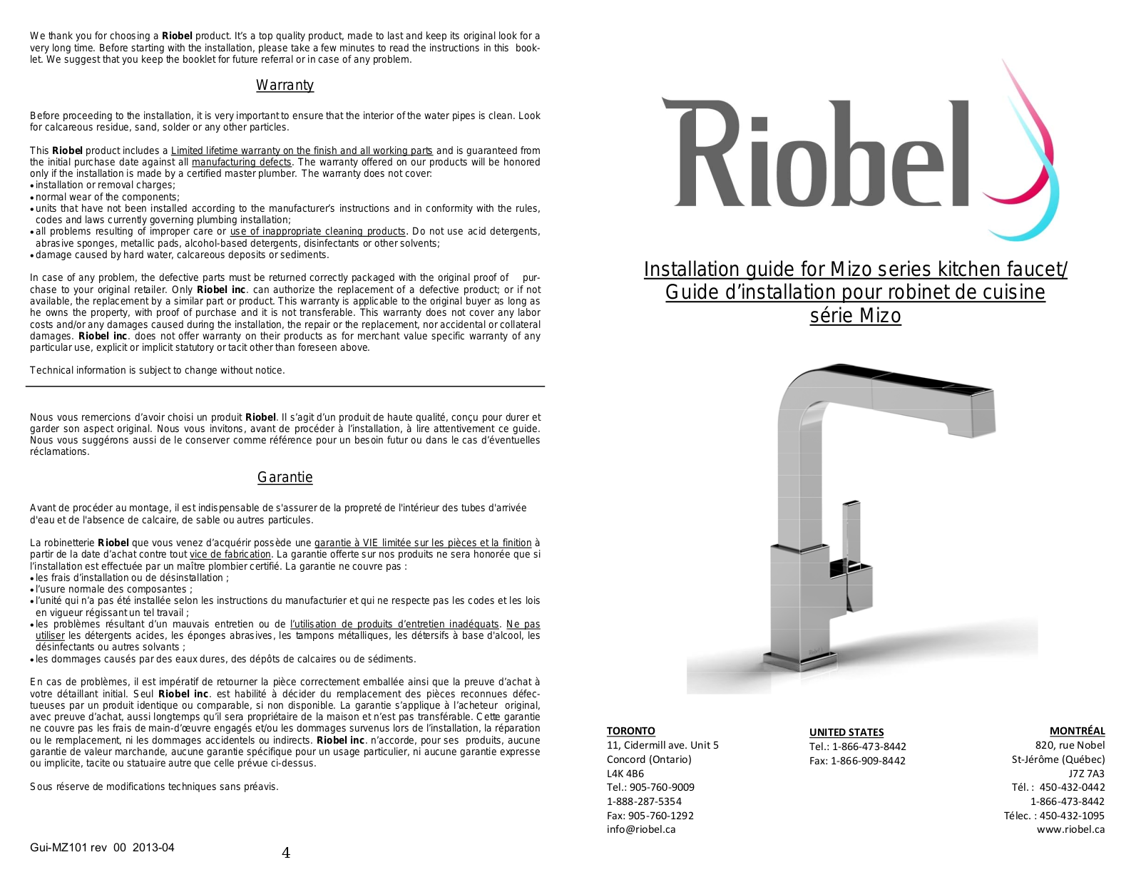 Riobel MZ101SS10, MZ101C, MZ101SS, MZ101C10, MZ101C15 Installation Manual