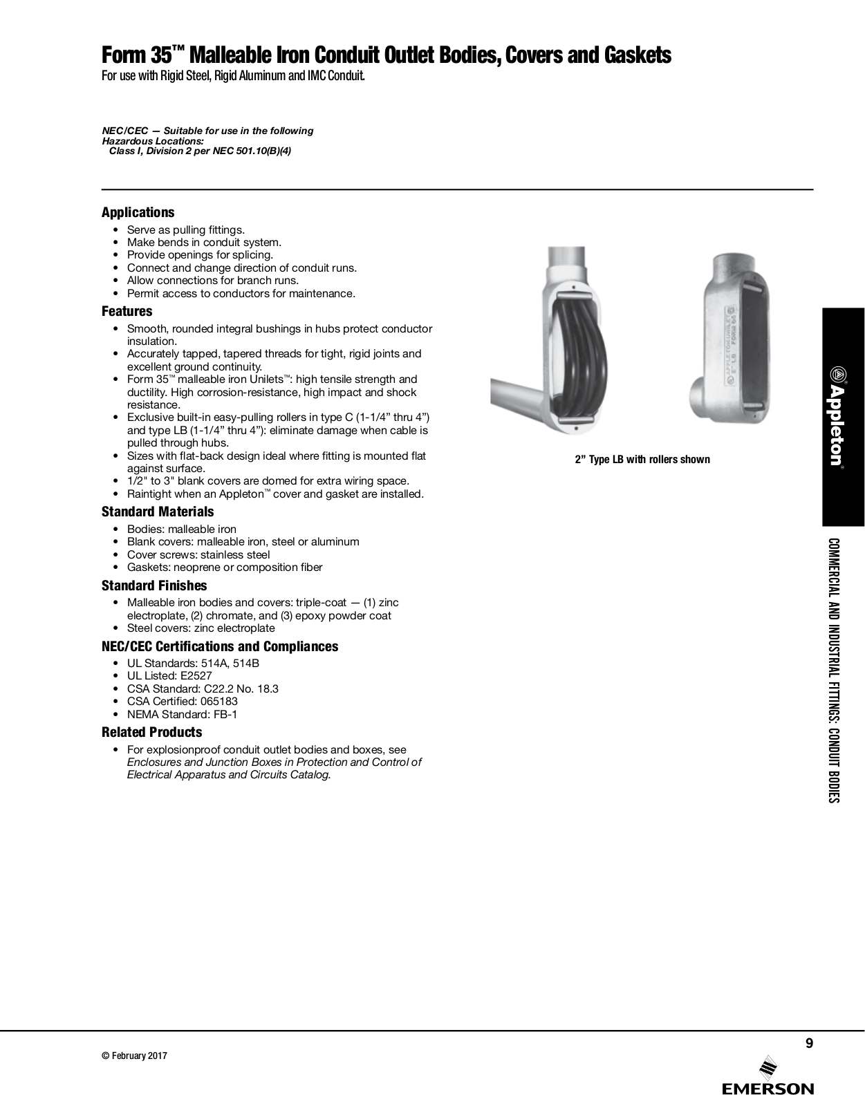 Appleton Form 35™ Malleable Iron Conduit Outlet Bodies Covers and Gaskets Catalog Page