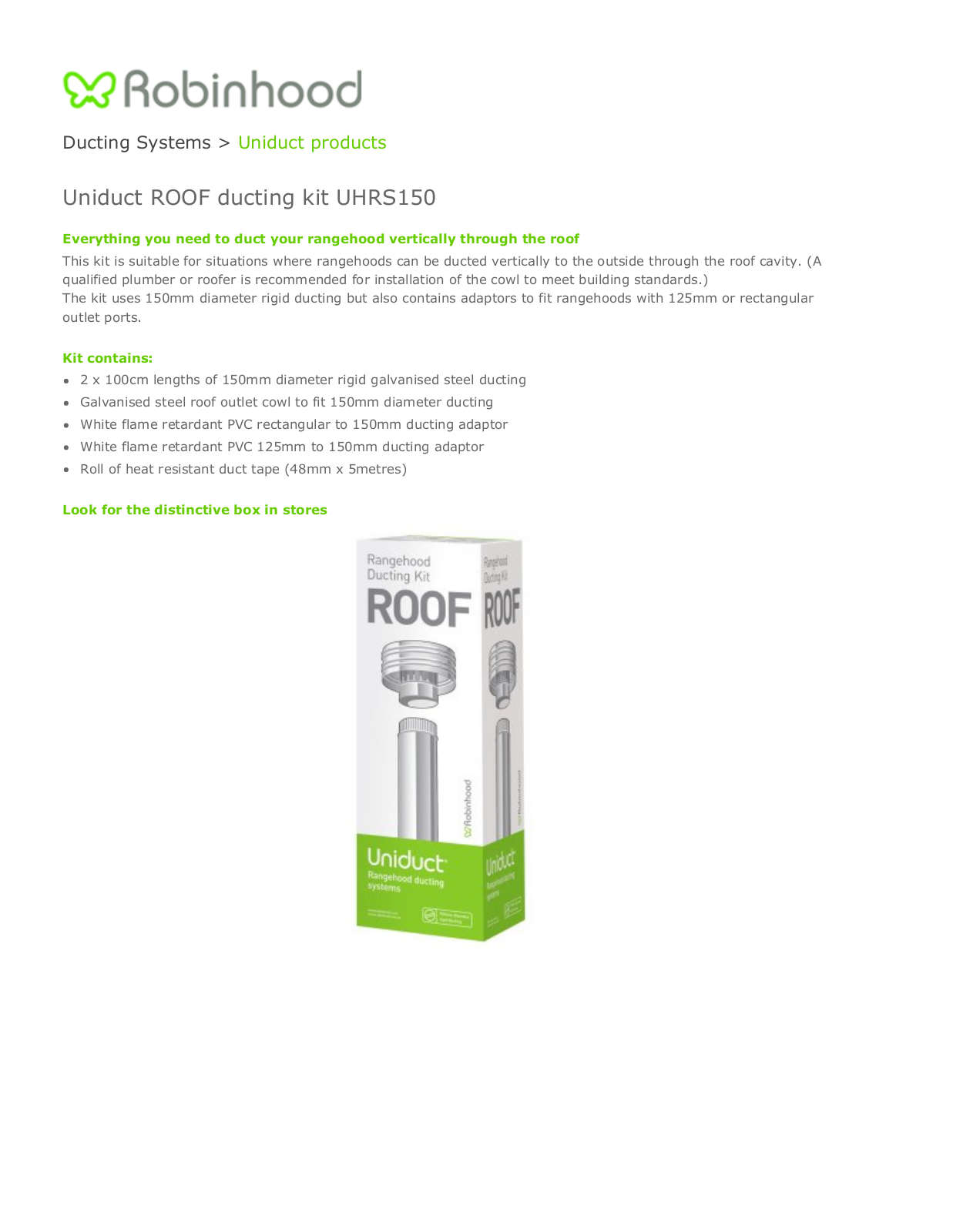 Robinhood UHRS150 Specifications Sheet