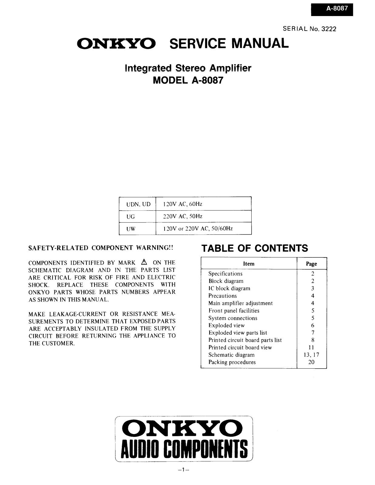 Onkyo A-8087 Service Manual