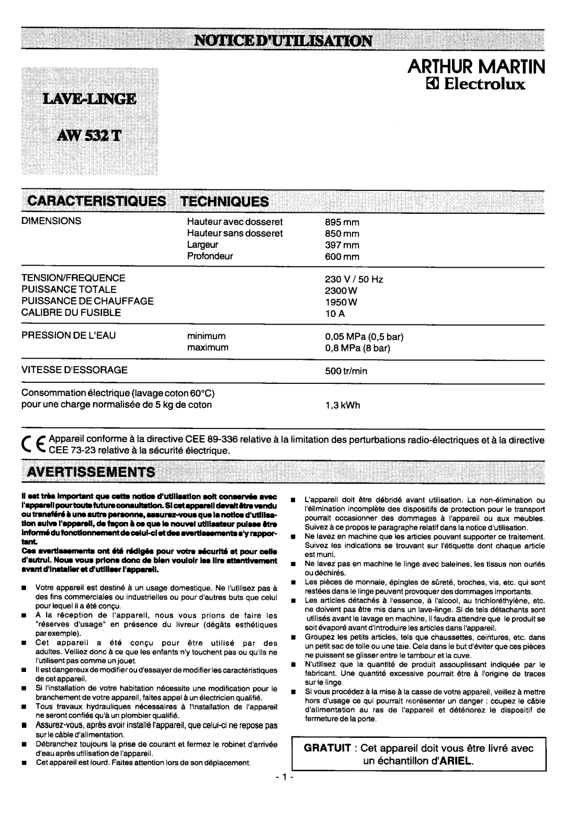 Arthur martin AW532T User Manual