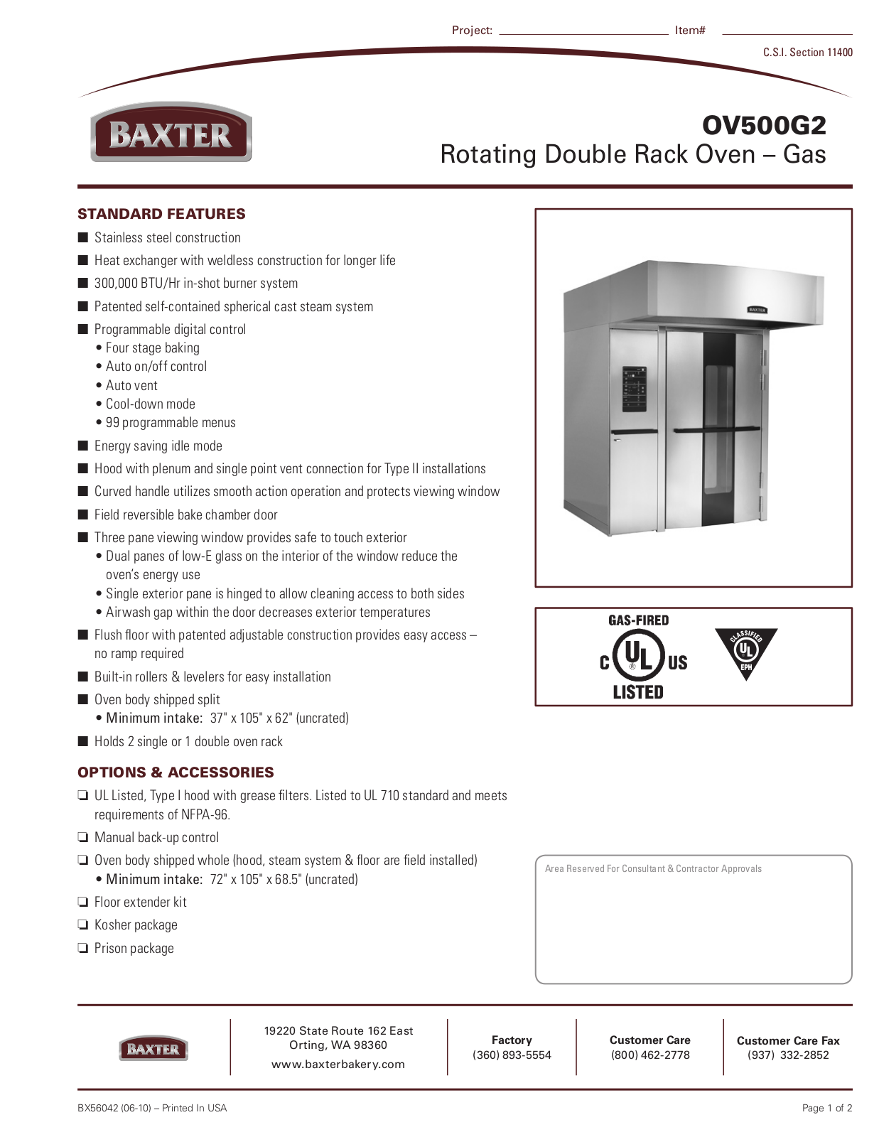 Baxter OVS00G2 Specifications