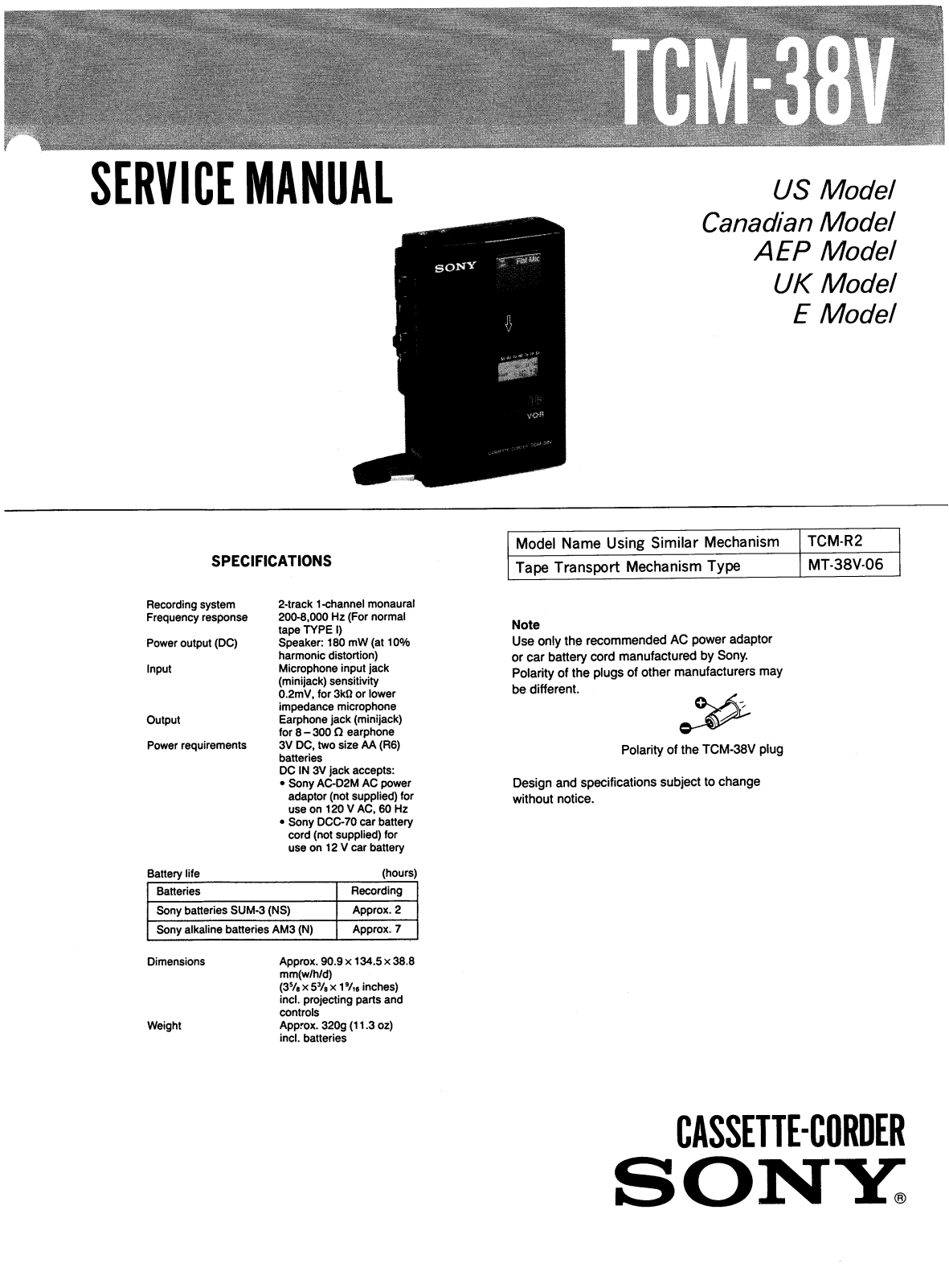Sony TCM-38-V Service manual