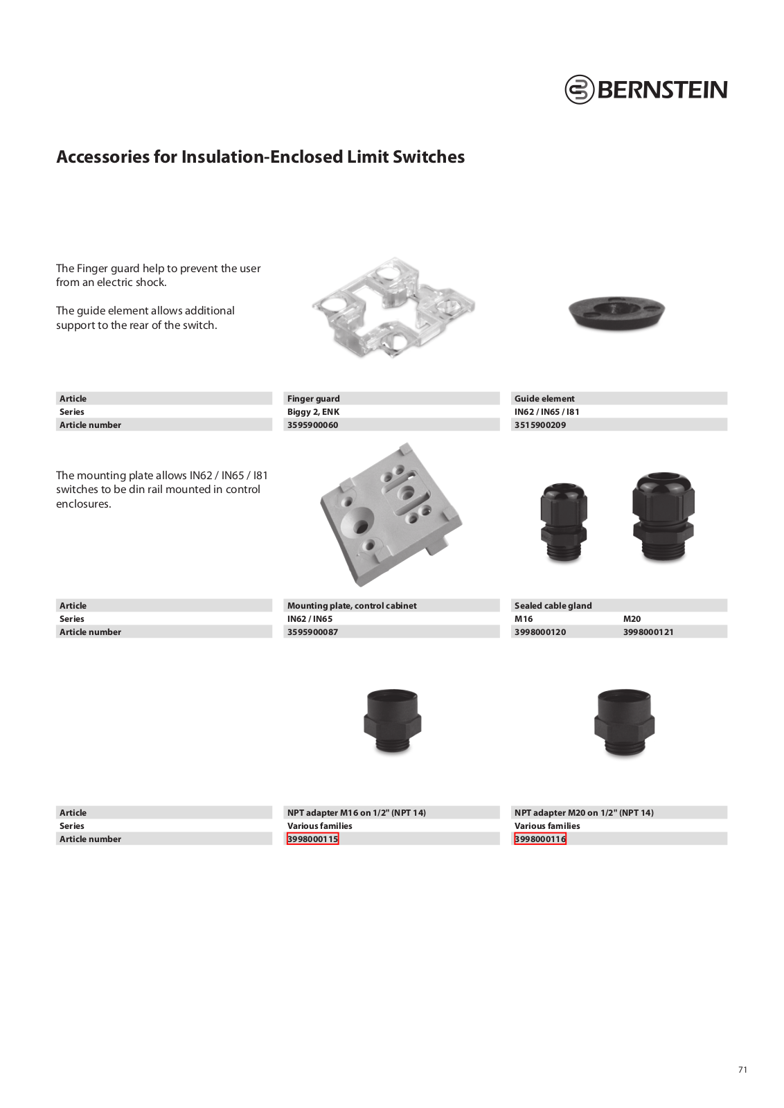 Bernstein Accessories for Insulation-Enclosed Limit Switches Catalog Page