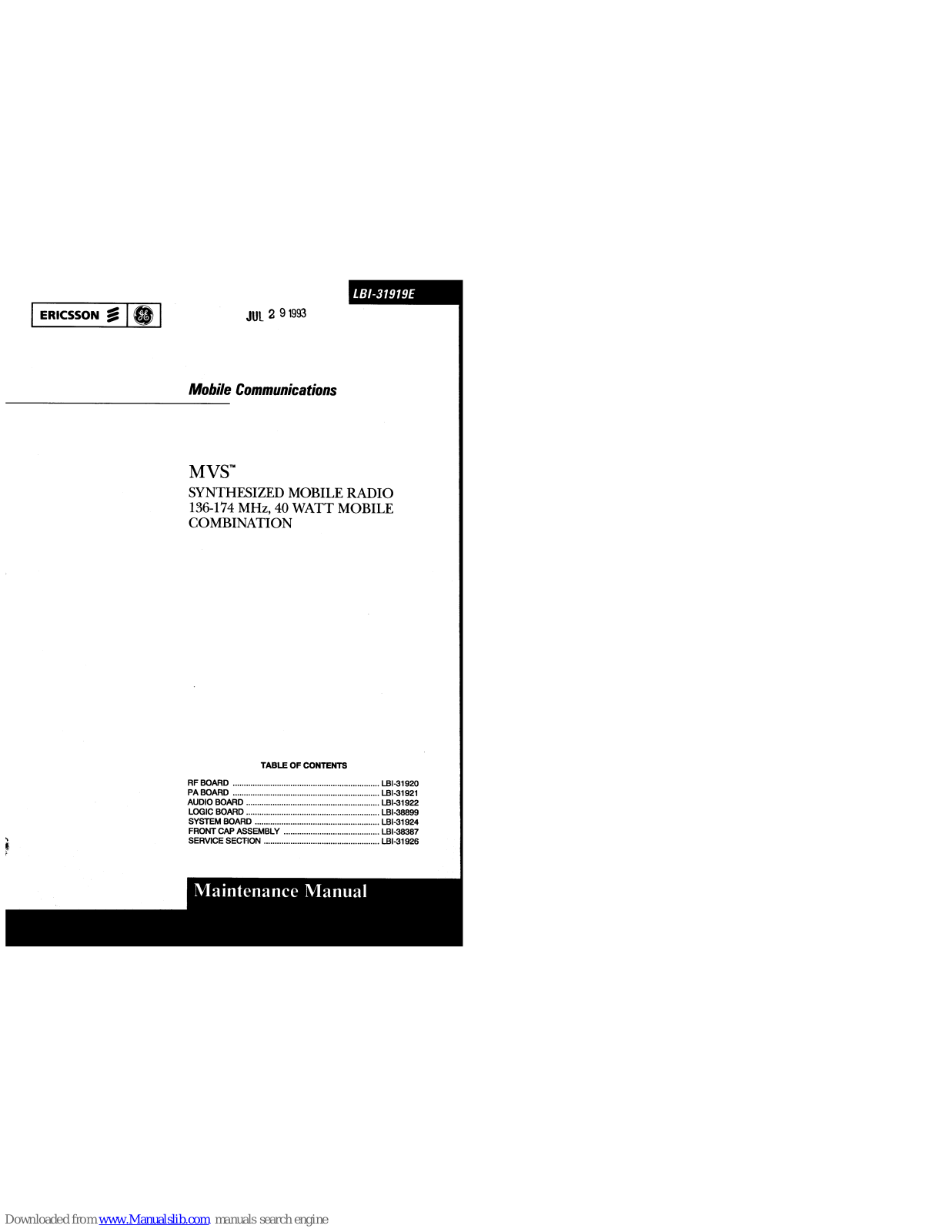 Ericsson LBI-31919E, MVS Maintenance Manual