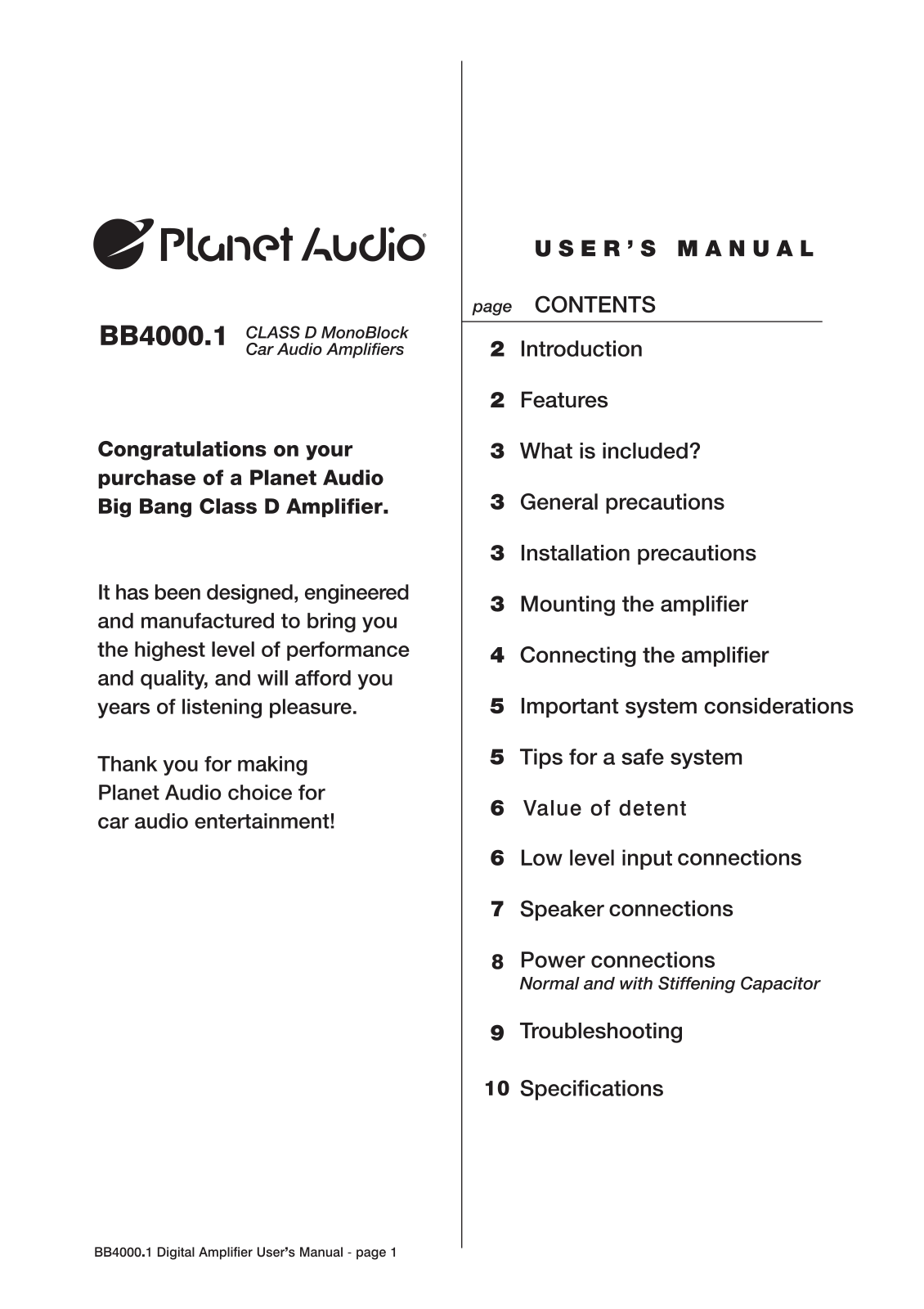 Planet Audio BB4000.1 User Manual