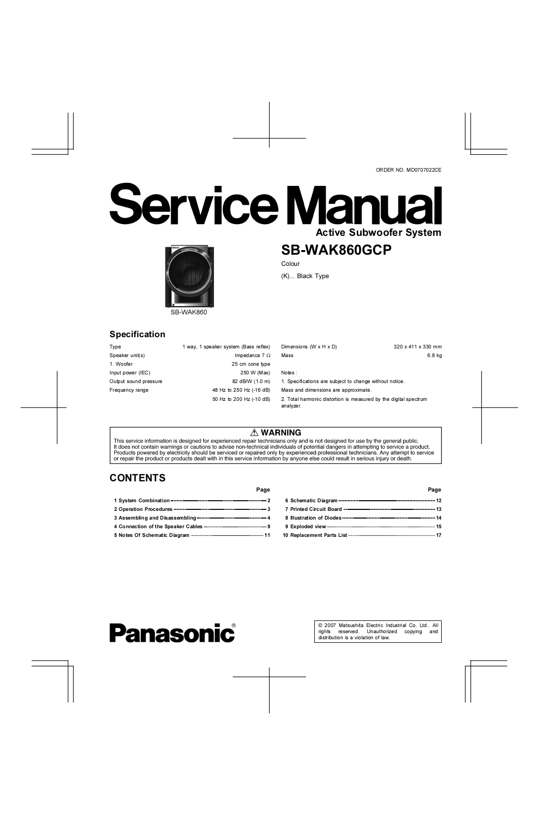 Panasonic SBWAK-860-GCP Service manual