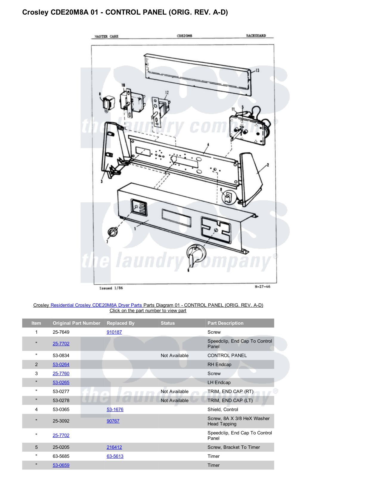 Crosley CDE20M8A Parts Diagram