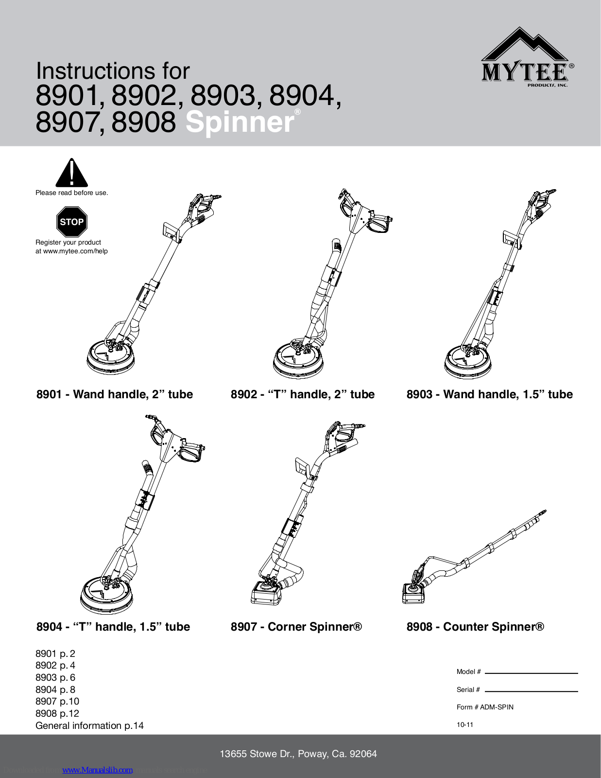 Mytee Spinner 8901, Spinner 8902, Spinner 8903, Spinner 8904, Spinner 8907 User Manual