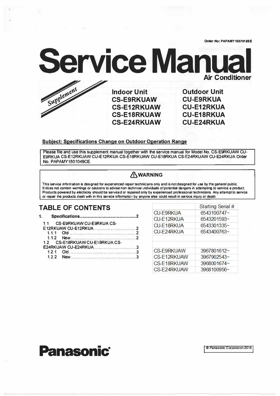 Panasonic CS-E9RKUAW, CS-E12RKUAW, CS-E18RKUAW, CS-E24RKUAW, CU-E9RKUA service manual