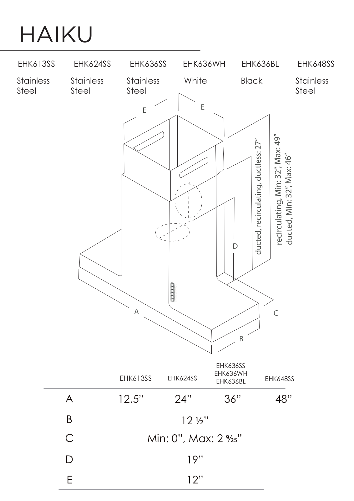 Elica EHK648SS, EHK636BL, EHK613SS, EHK624SS, EHK636WH PRODUCT SPECIFICATIONS