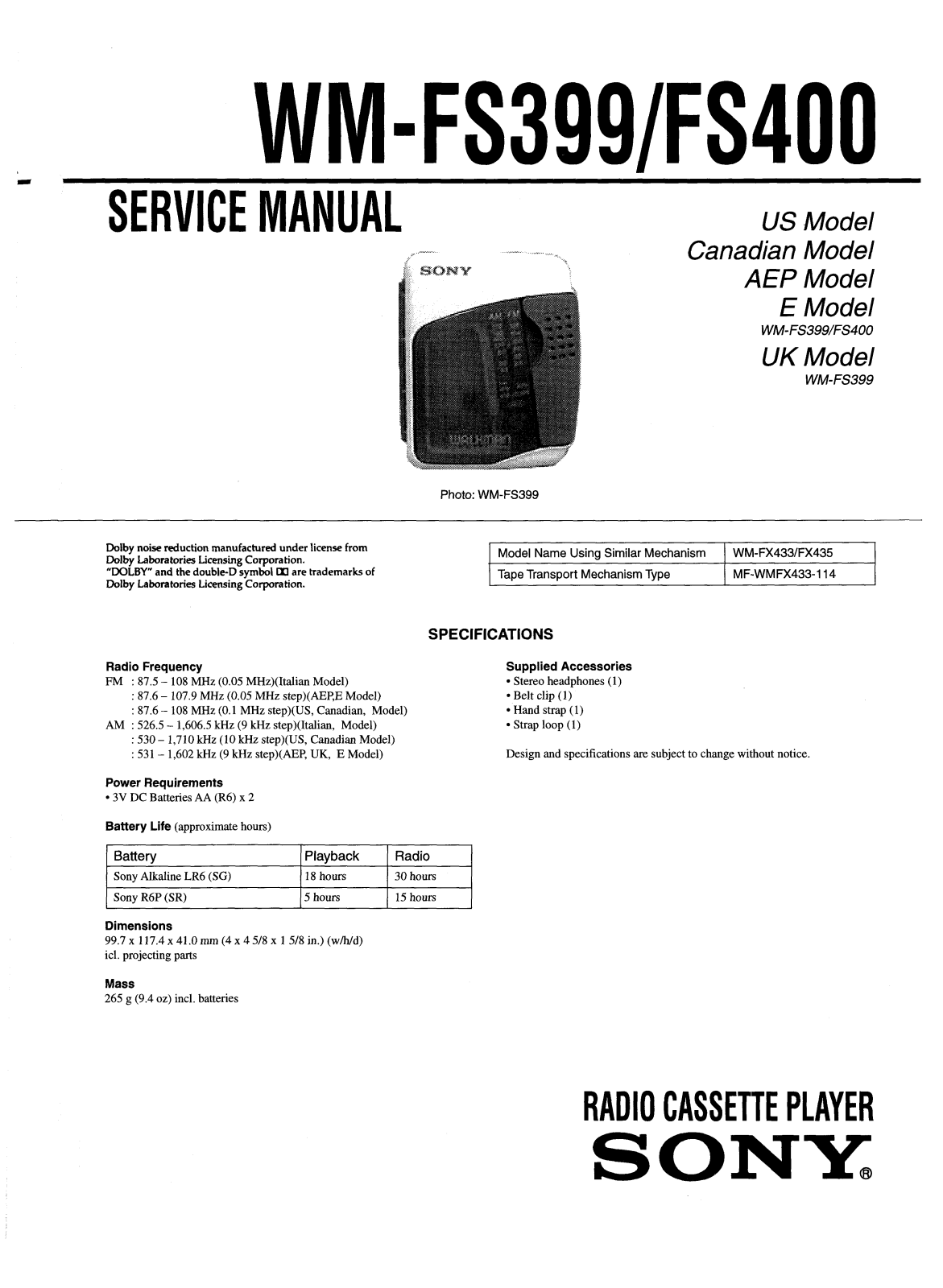 Sony WM-FS399,WM-FS400 Service Manual