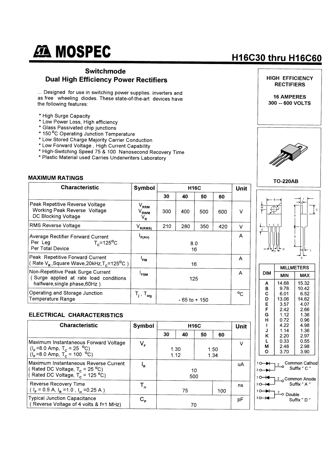 MOSPEC H16C60D, H16C60C, H16C60A, H16C50D, H16C50C Datasheet