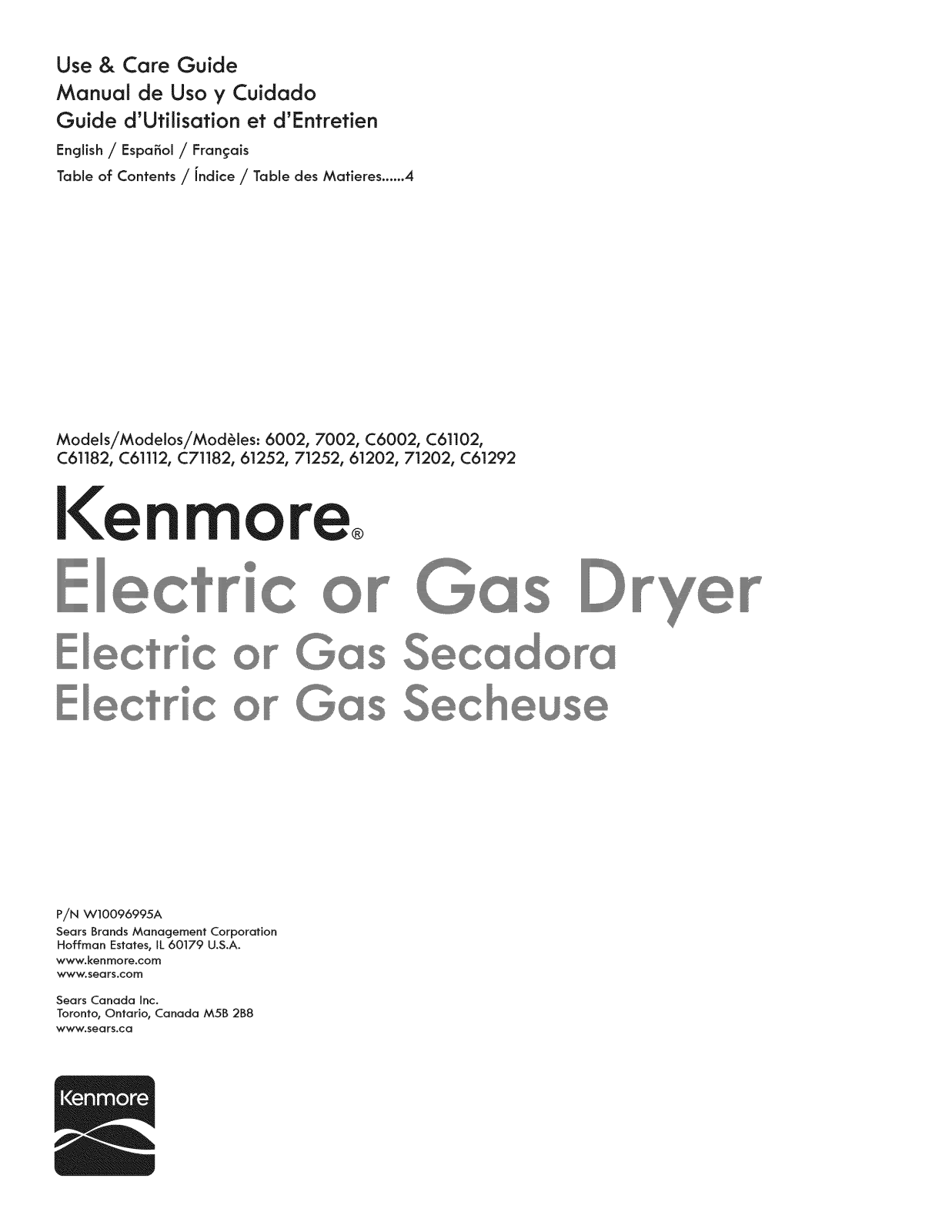 Kenmore 110C61182010, 110C61112010, 11071252010, 11071202010, 11070022010 Owner’s Manual