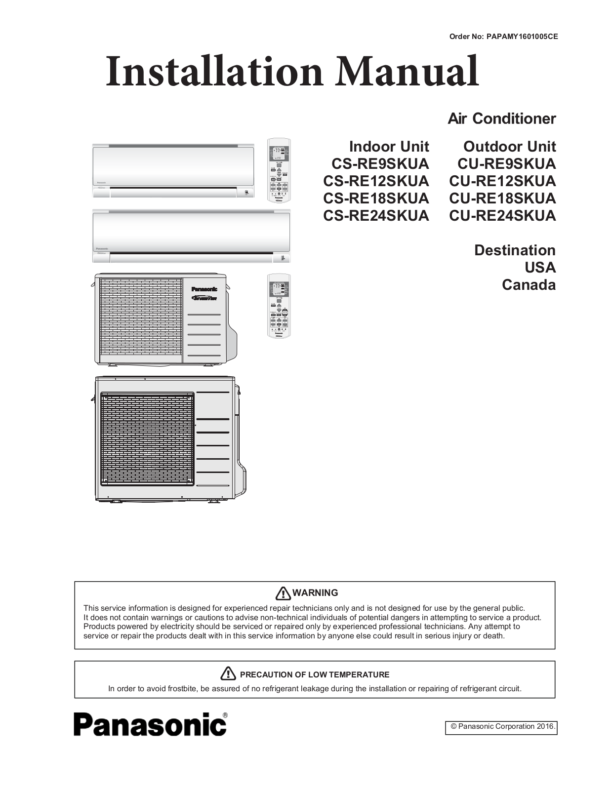 Panasonic cs-re12skua, cu-re12skua installation