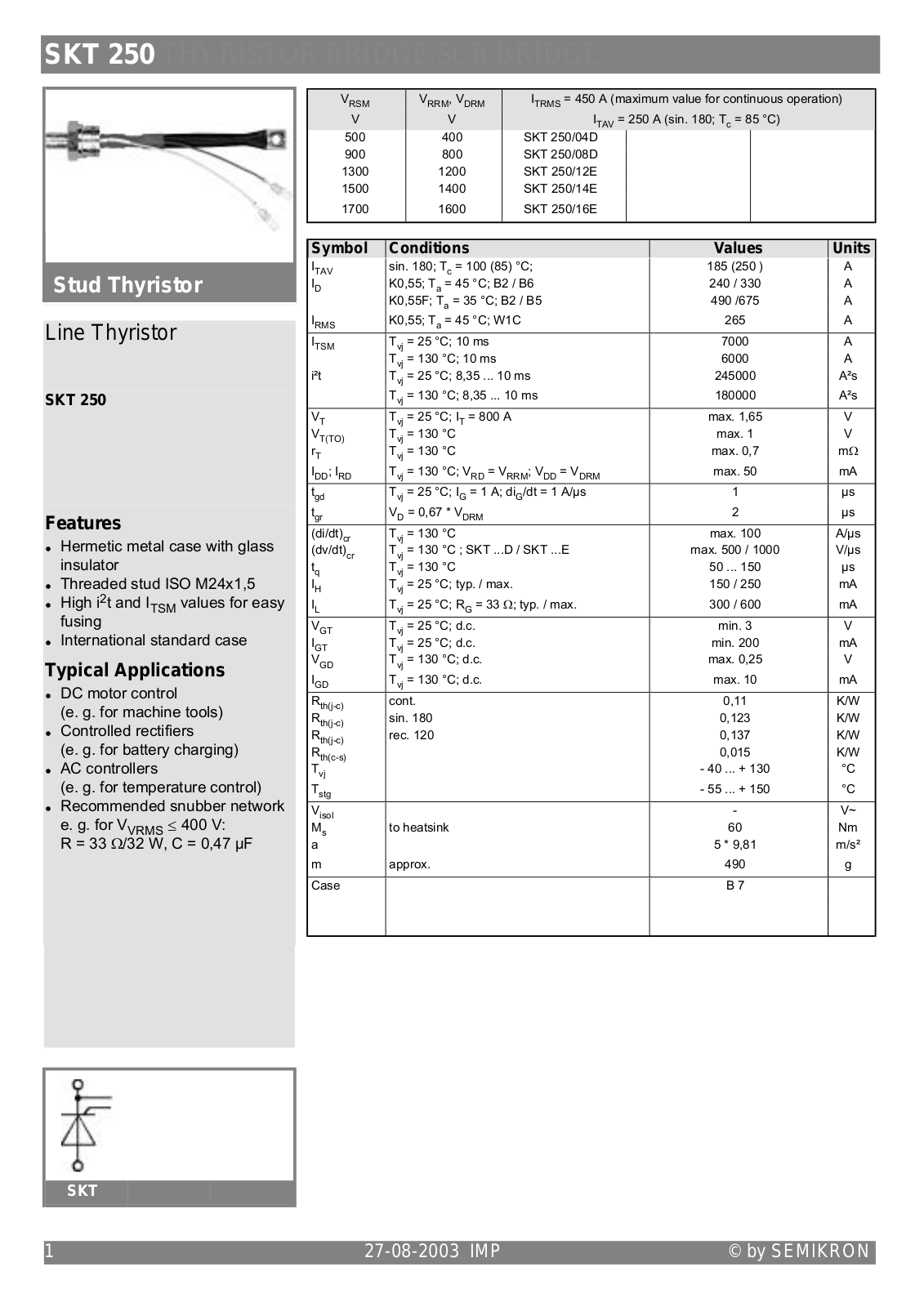 Semikron SKT250 Data Sheet