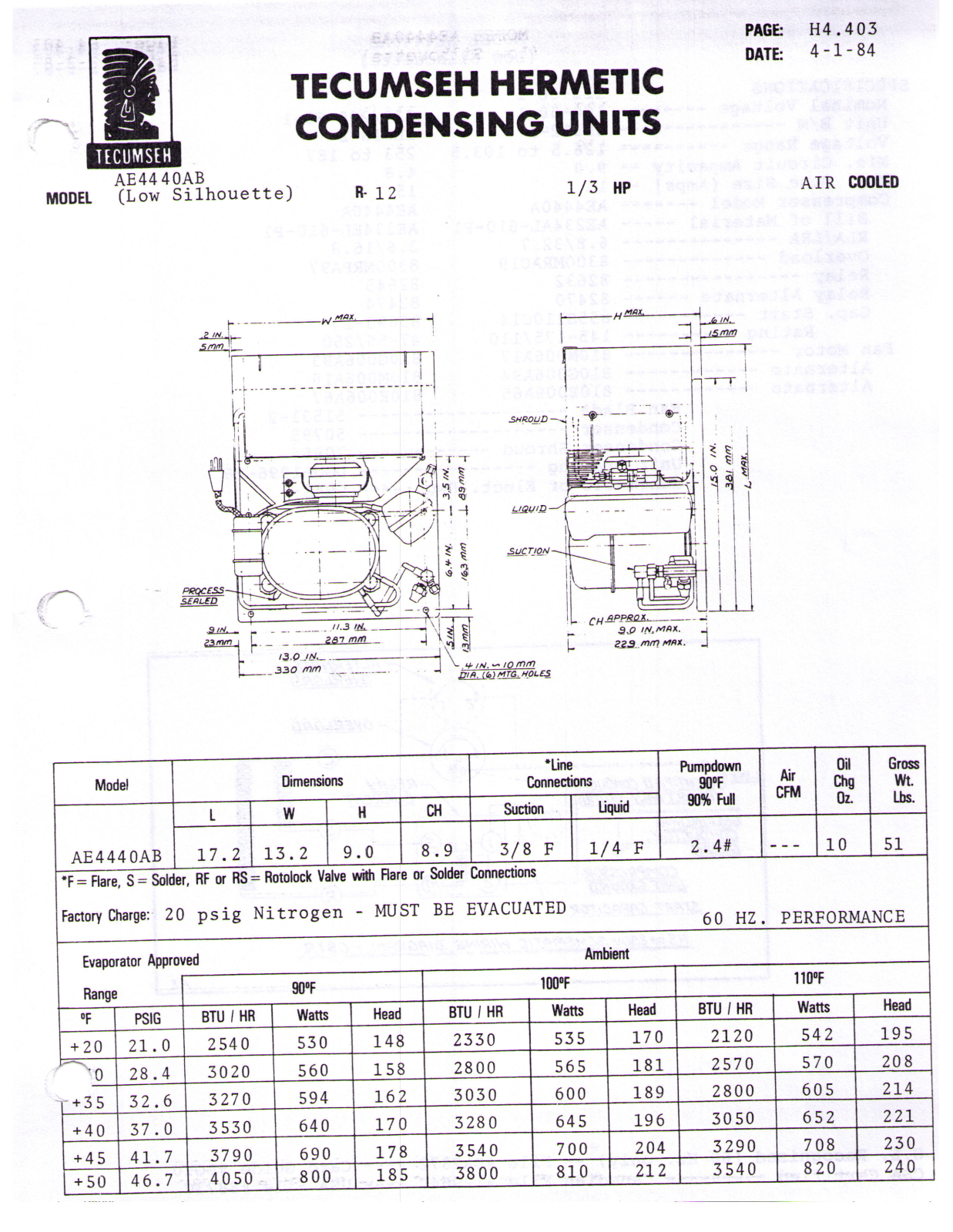 Tecumseh AVA4536CXTXM Performance Data Sheet